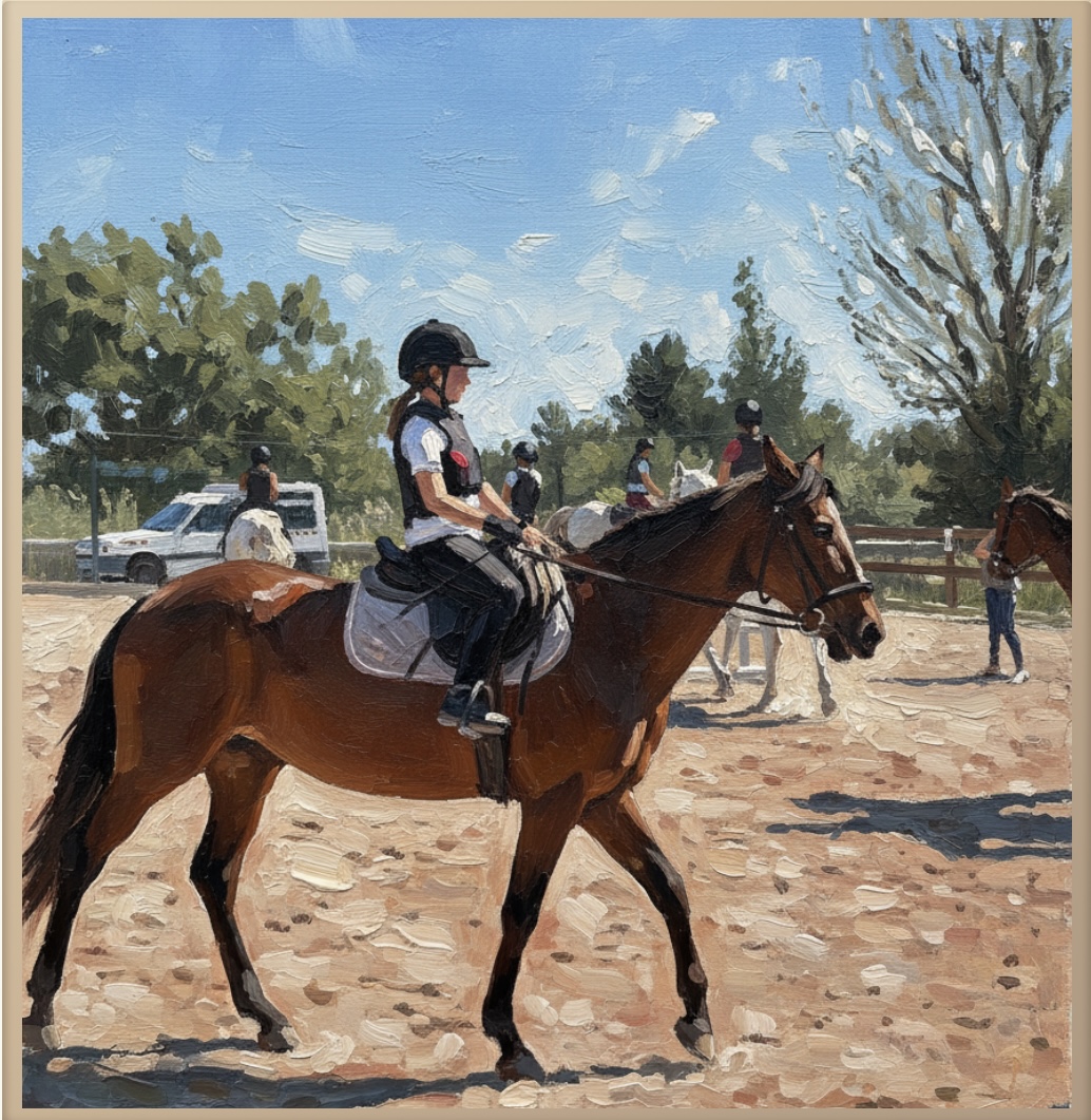 Oil Painting style artwork of a rider on a bay horse in a sunlit paddock
