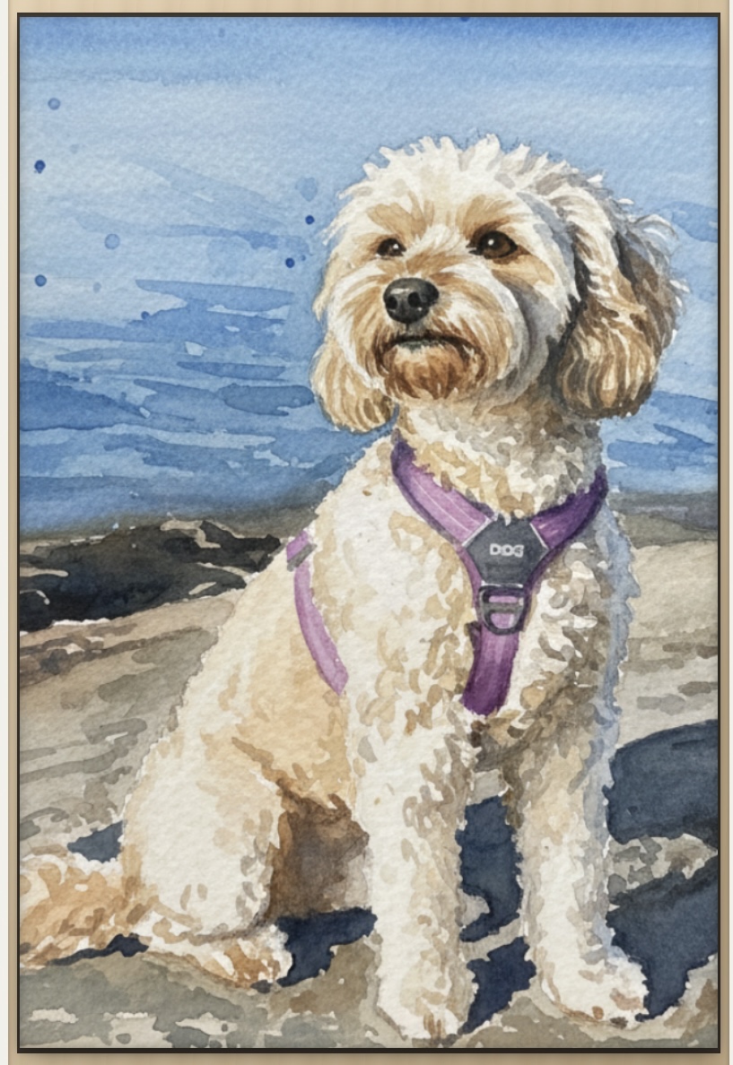 Watercolour artwork of a cockapoo in a purple harness sitting on coastal rocks