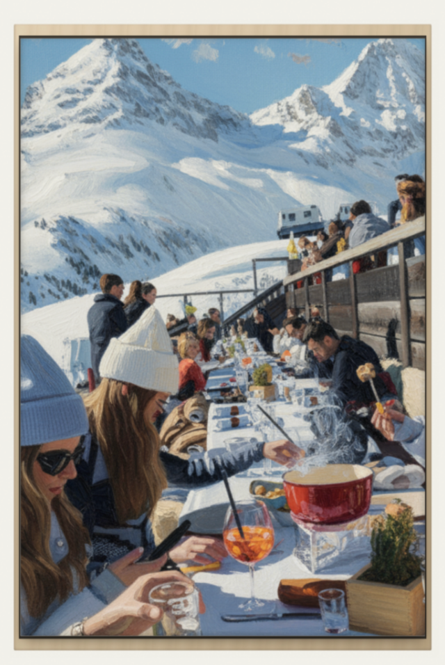 Framed painting of guests dining on an après-ski terrace in the mountains