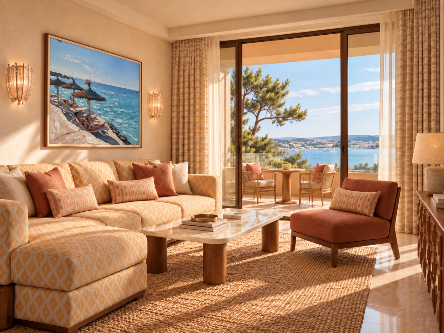 Hotel suite living room with a painting of parasols above the sea