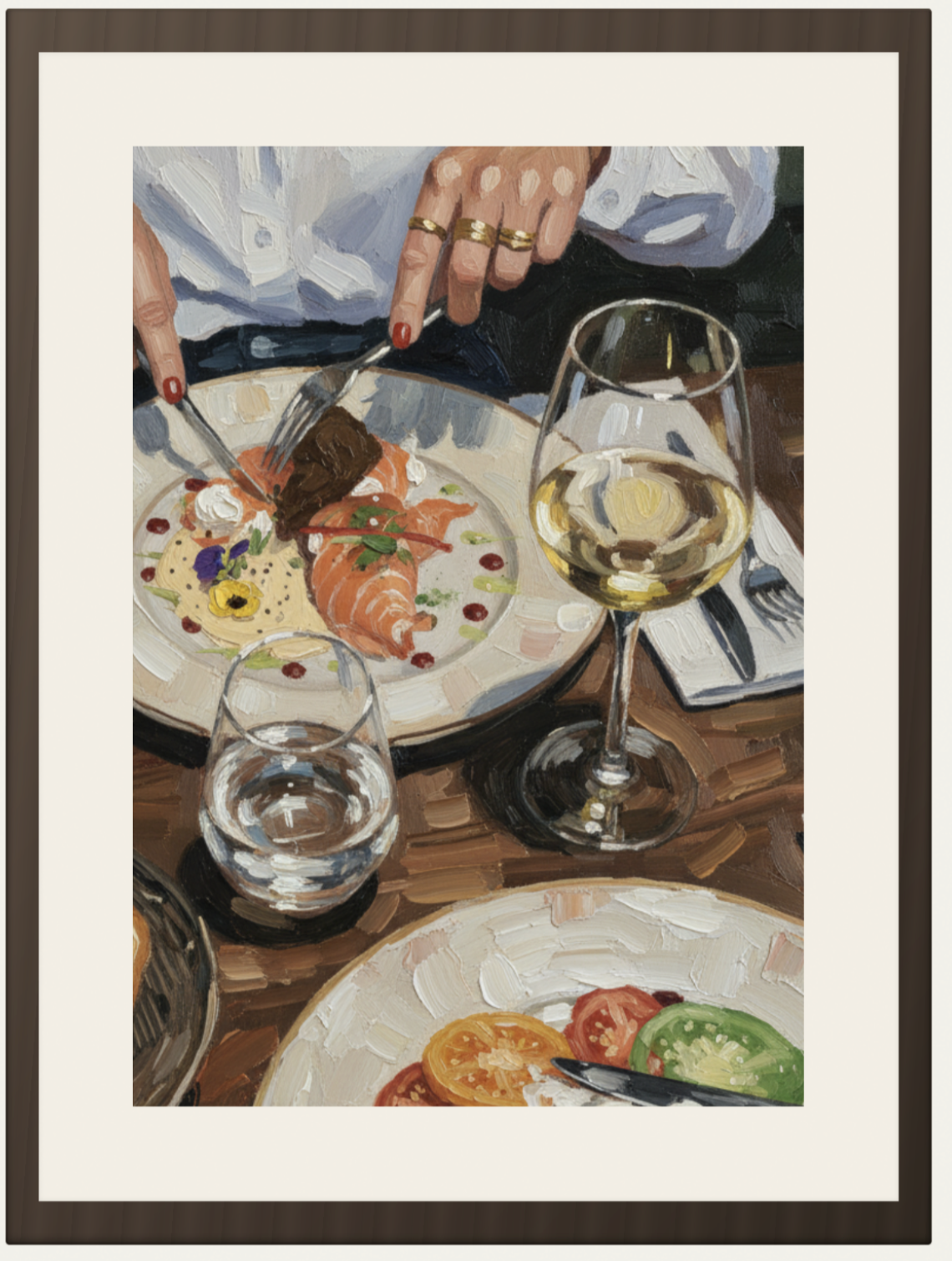 Framed oil painting of a salmon starter with a glass of white wine