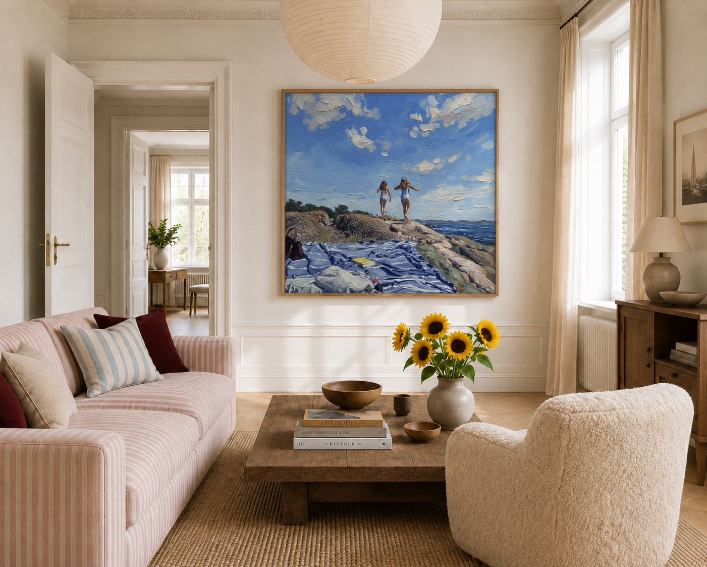 Oil Painting style artwork of two girls on a coastal cliff hanging in a bright living room