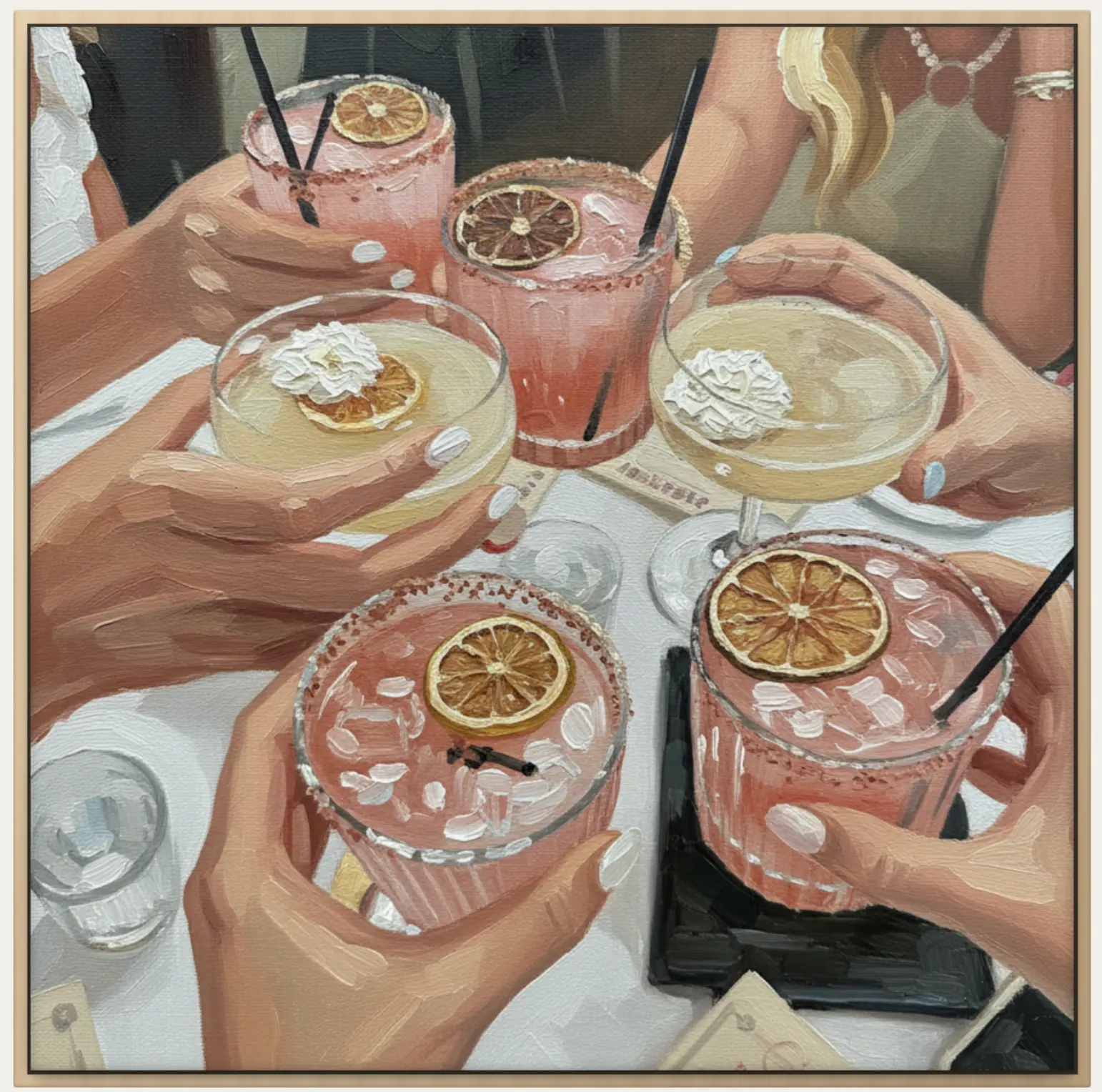 Painting of hands raising many different drinks in a toast around a table