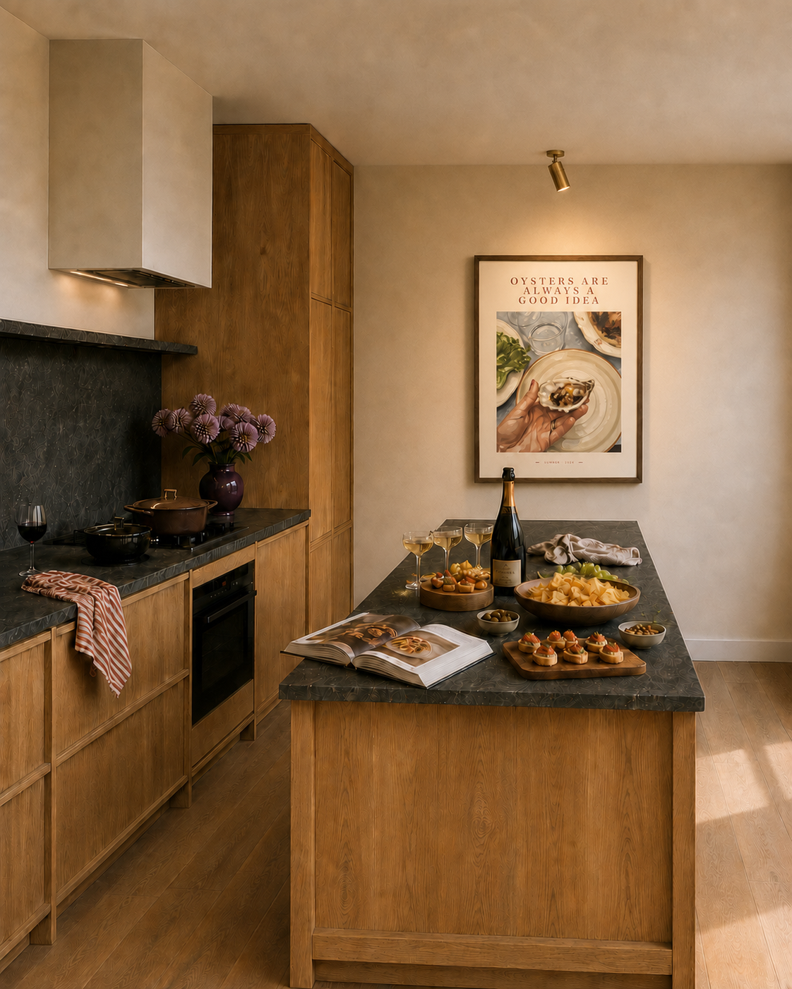 Framed oyster poster in a warm oak kitchen