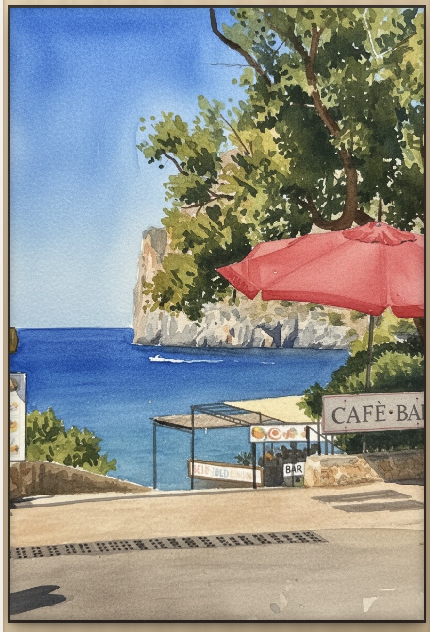 Watercolour artwork of a red umbrella at a seaside café bar above blue water