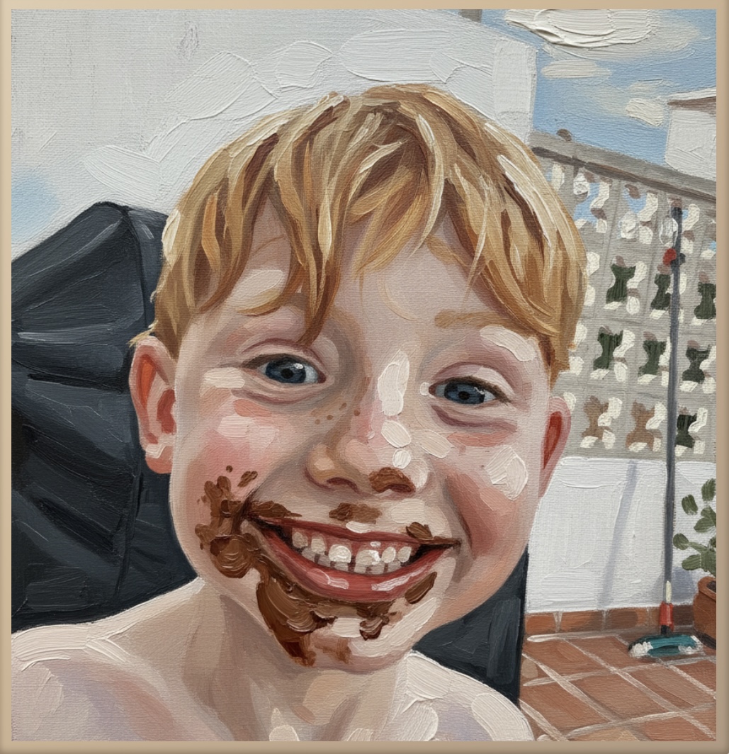 Oil Painting style artwork of a smiling boy with chocolate on his face
