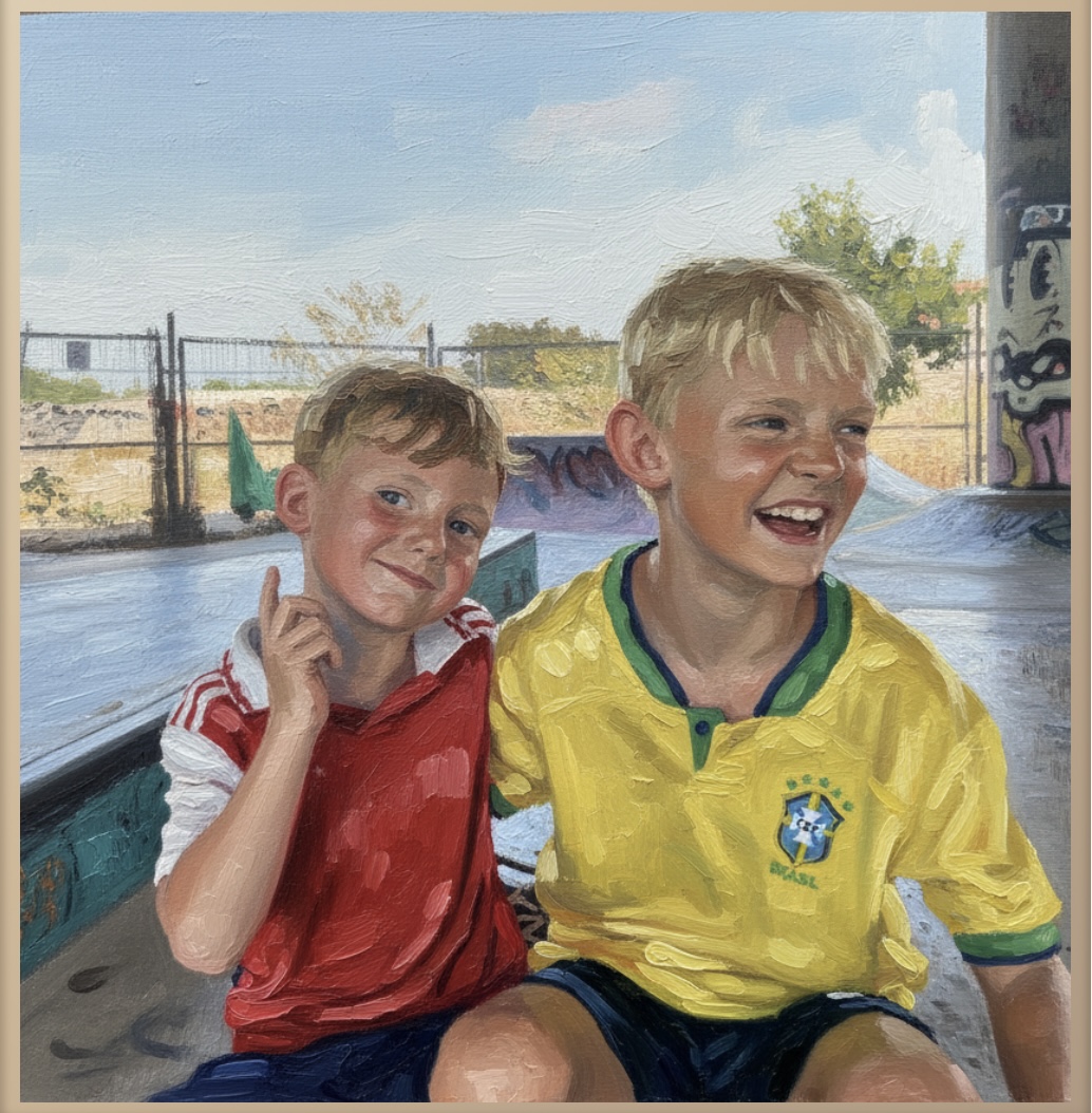 Oil Painting style artwork of two boys sitting in a skatepark