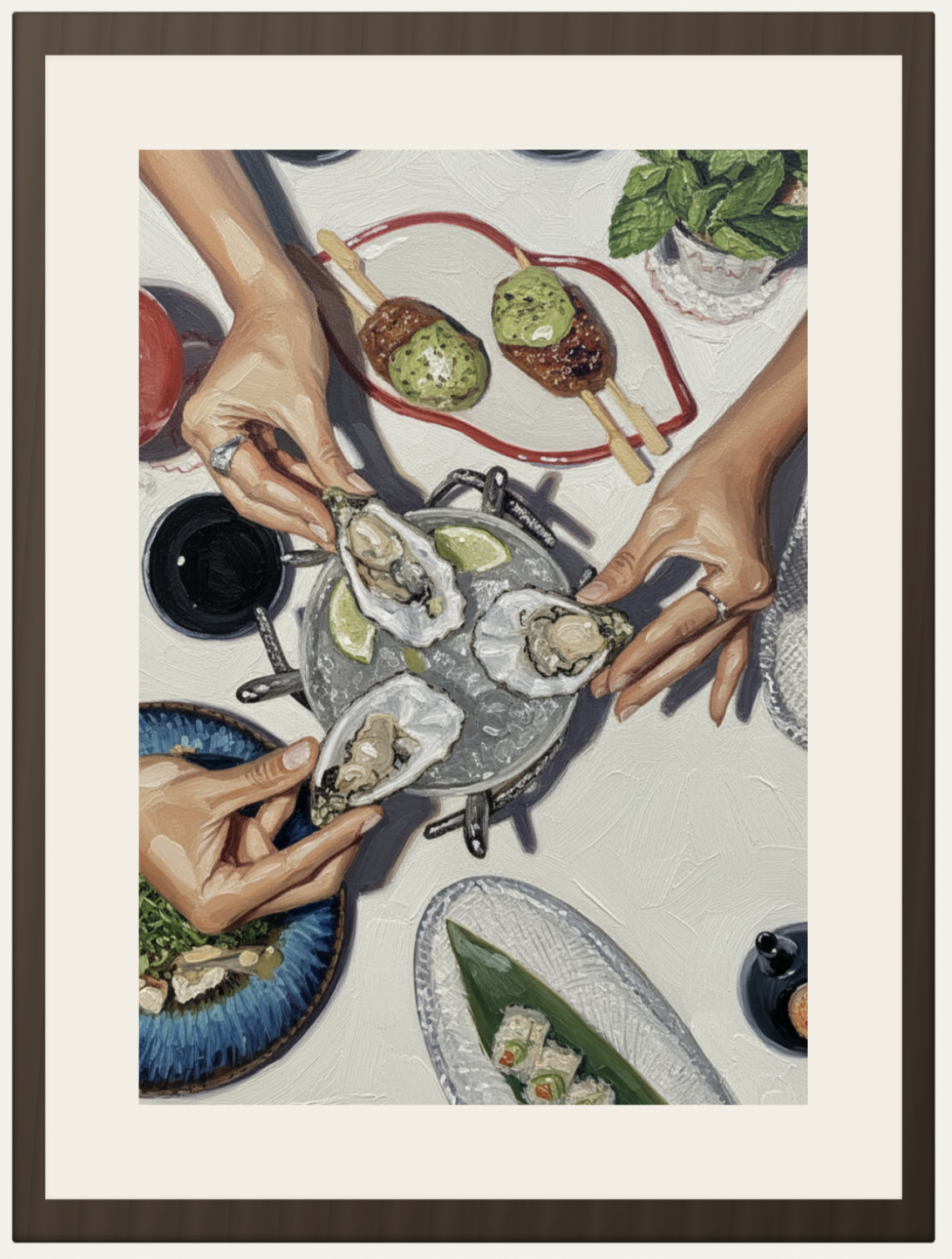 Framed oil painting of hands sharing oysters on ice