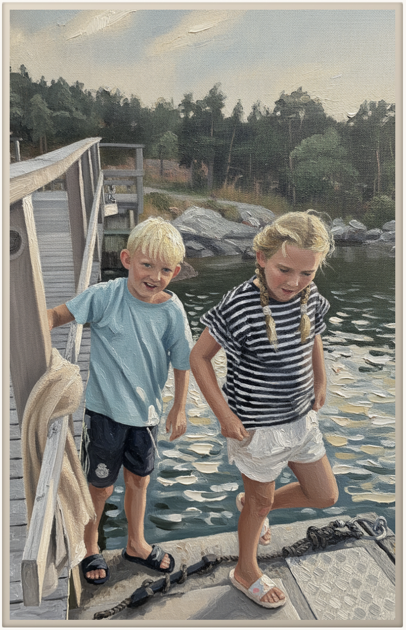 Oil Painting style artwork of two children stepping off a jetty by the water