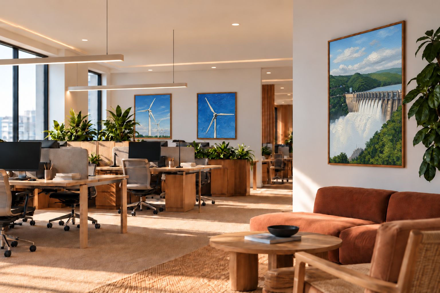 Sunlit office with paintings of wind turbines and a hydroelectric dam