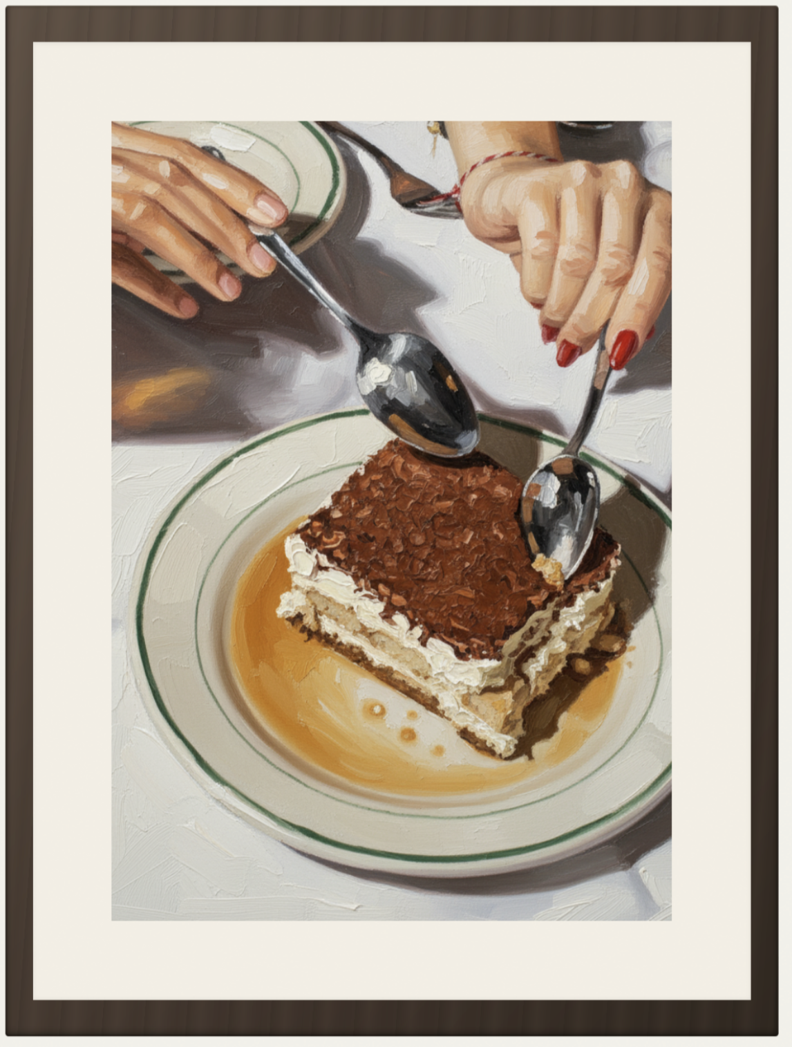 Framed oil painting of two spoons reaching into a tiramisu