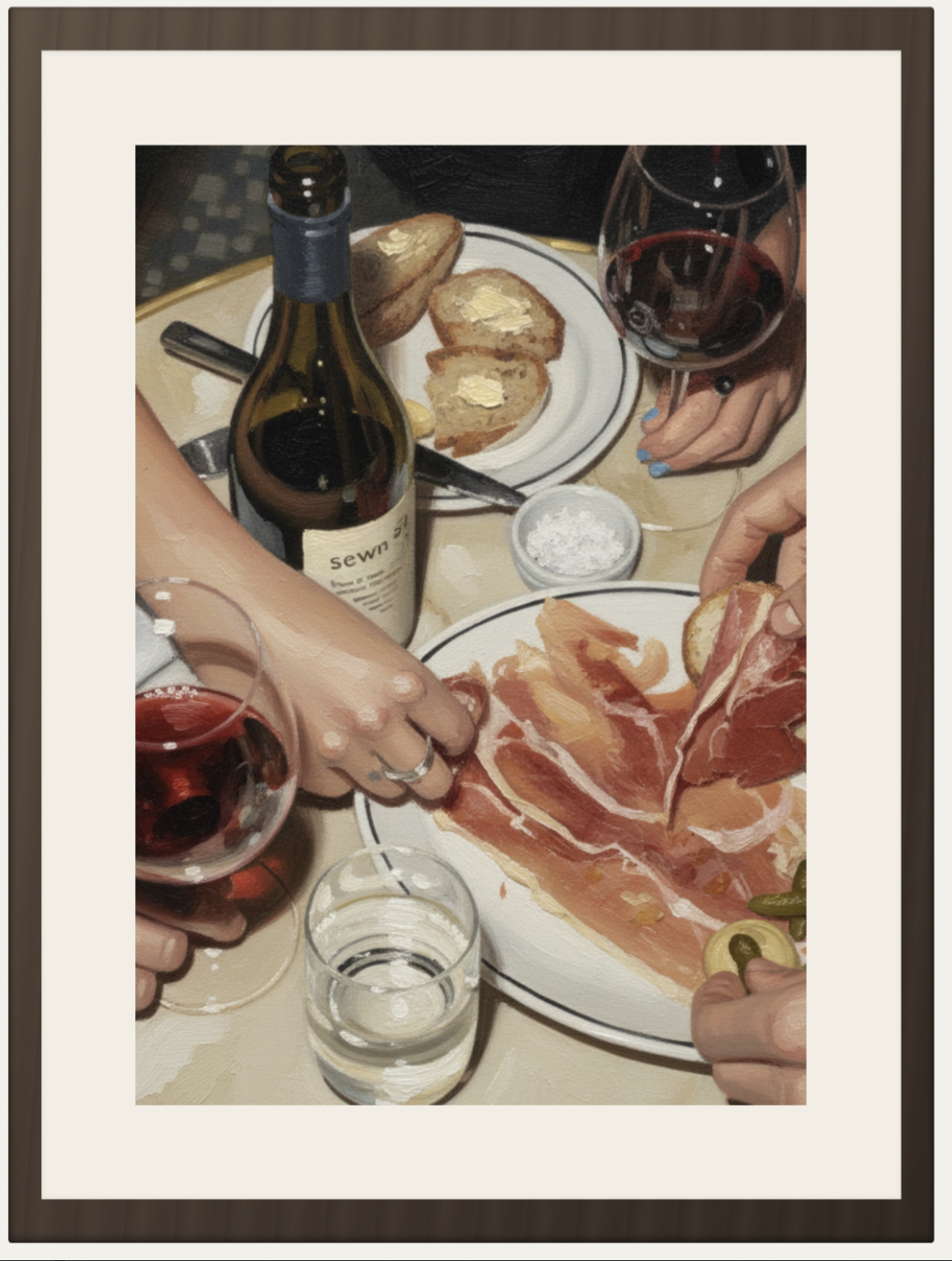 Framed oil painting of prosciutto, bread and red wine shared at a table