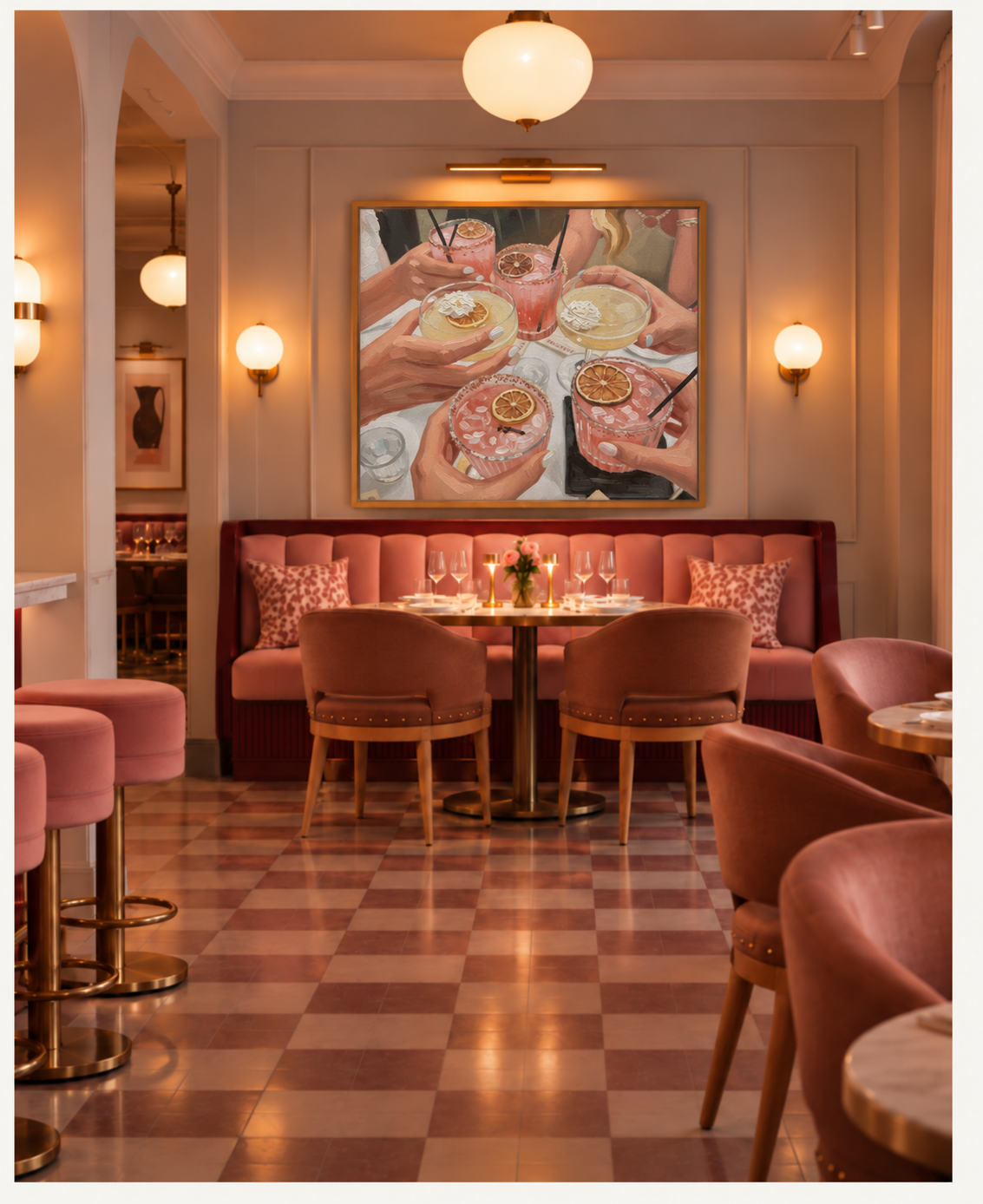 Warm restaurant interior with a painting of many different cocktails above a velvet banquette