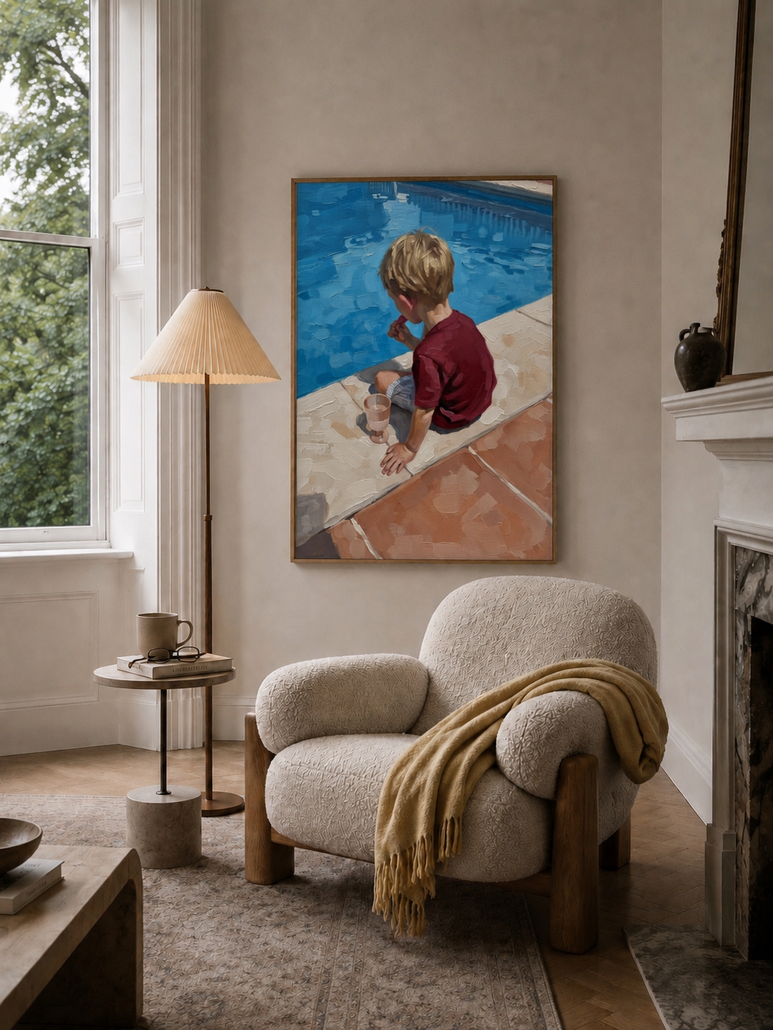 Large Oil Painting style artwork of a boy by a pool hanging in a classic living room