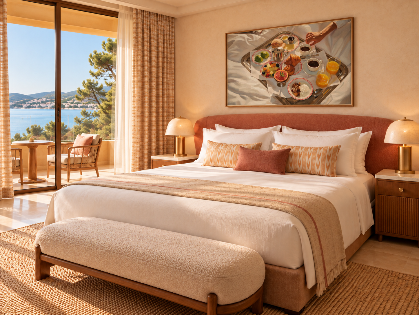 Guest room with a framed breakfast-in-bed painting above the bed