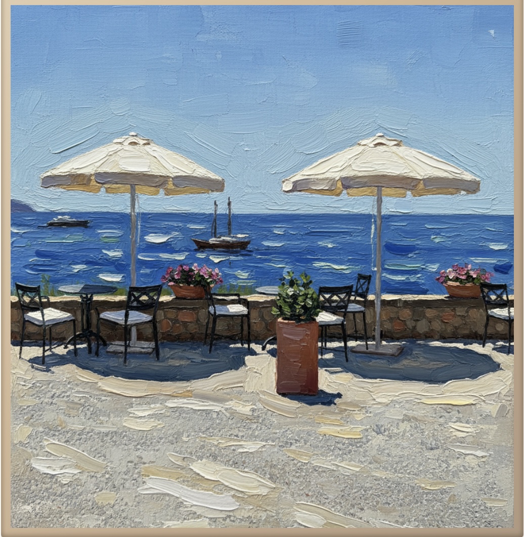 Oil Painting style artwork of two white parasols on a seaside terrace