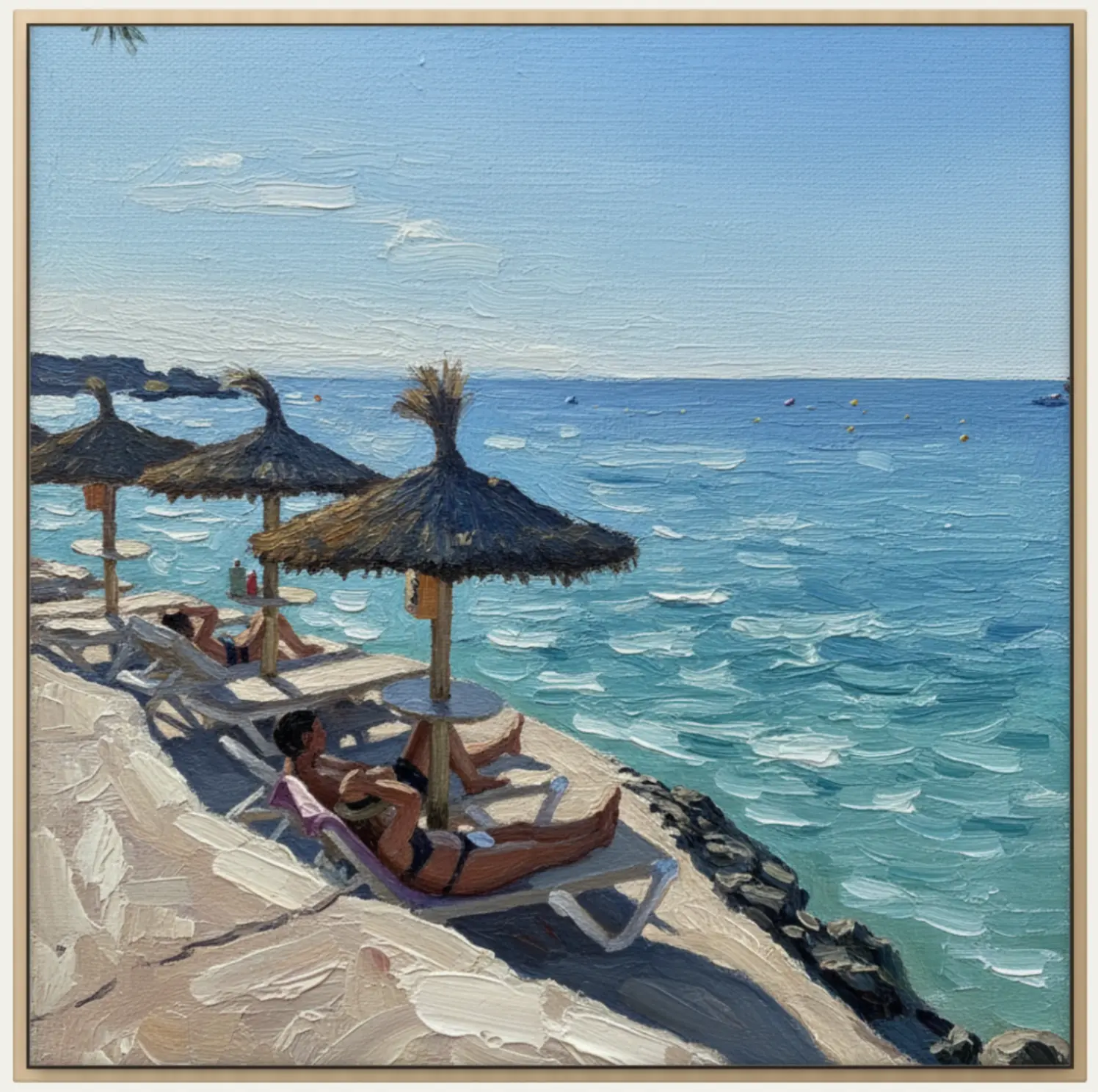 Framed oil painting of thatched parasols above the sea