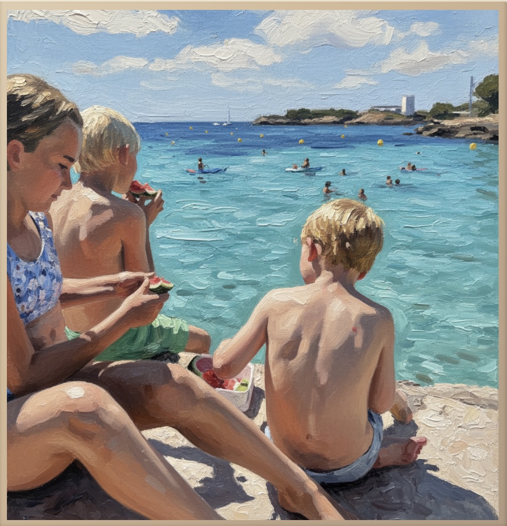 Oil Painting style artwork of children eating watermelon by a turquoise bay
