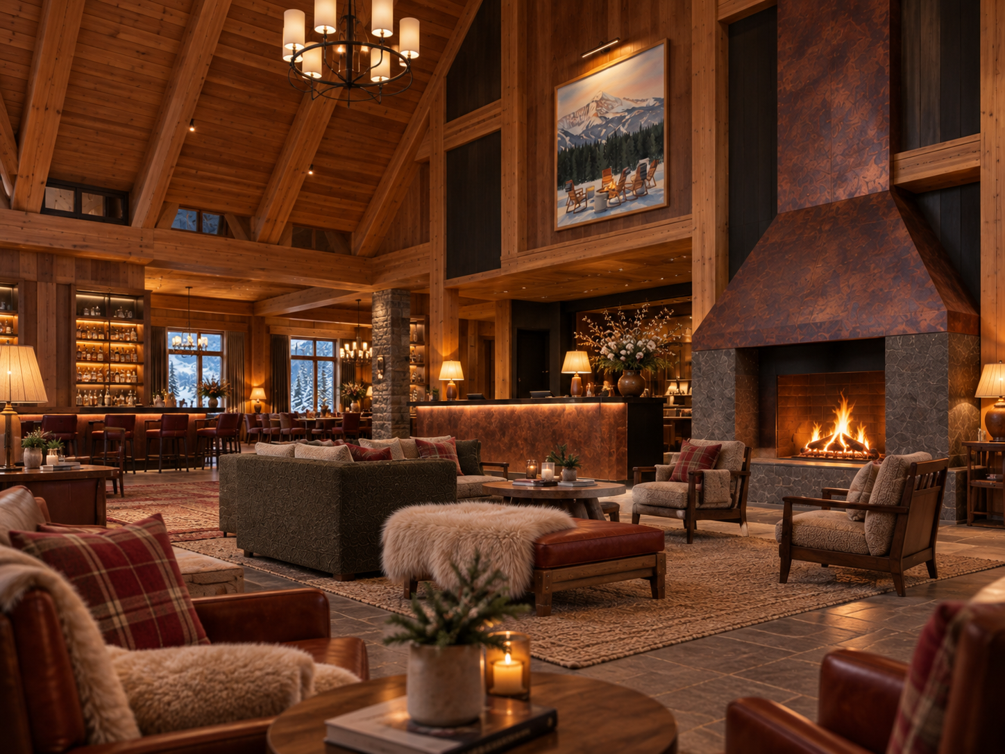 Another view of the mountain lodge lounge, showing the bar, fireplace and alpine artwork