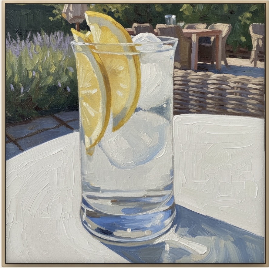 Oil Painting style artwork of a gin and tonic with lemon slices on a garden table