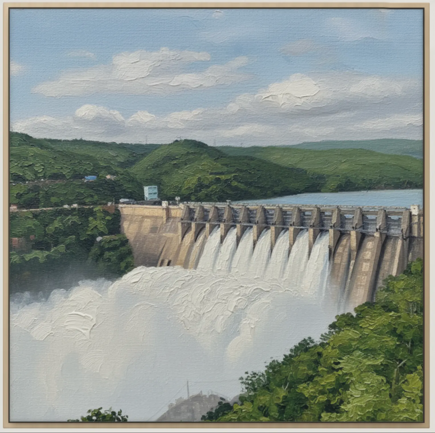 Framed painting of a hydroelectric dam in green hills