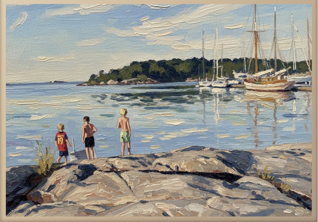 Oil Painting style artwork of three boys on rocks by a sailing harbour