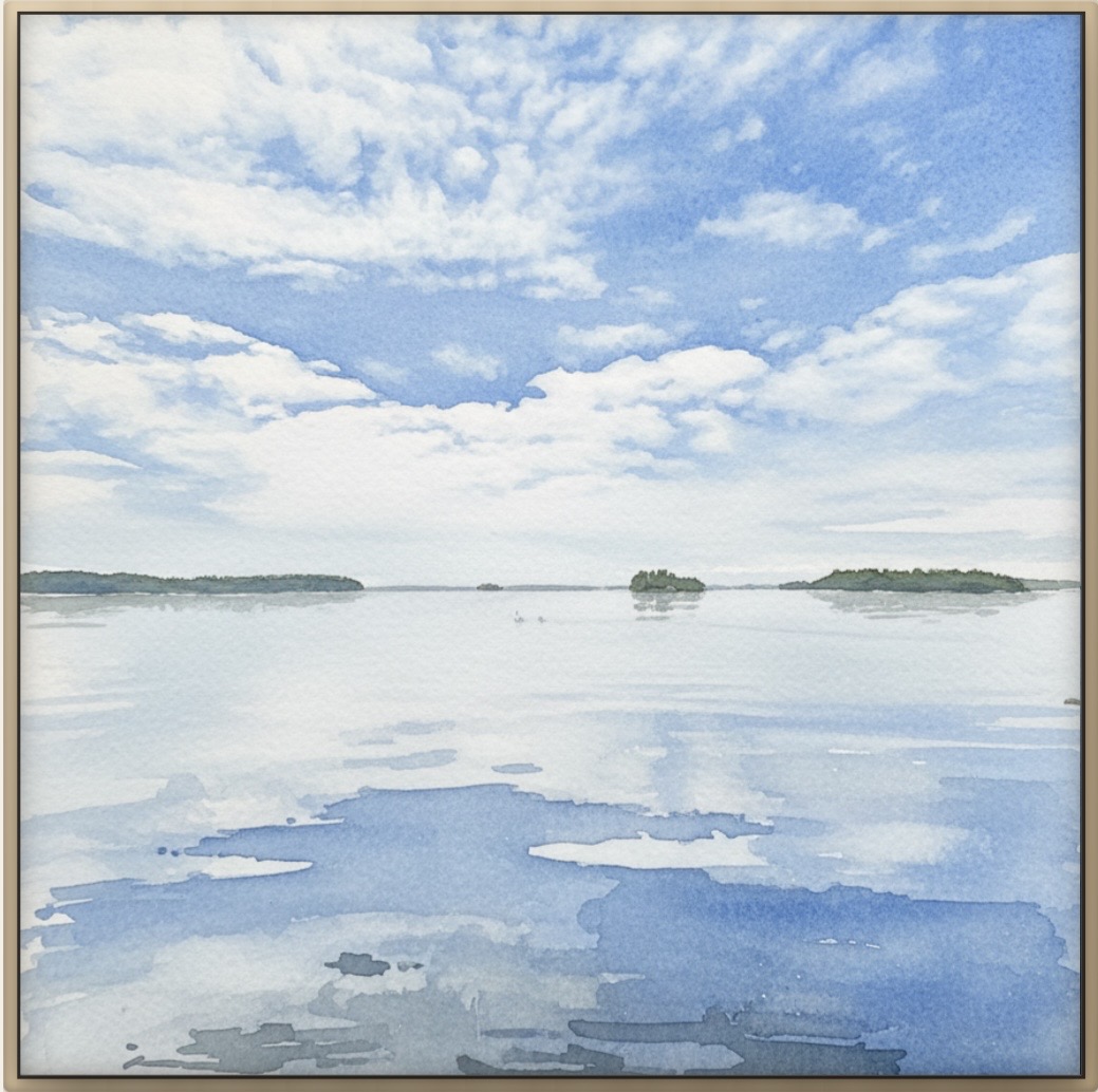 Watercolour artwork of clouds meeting calm archipelago water
