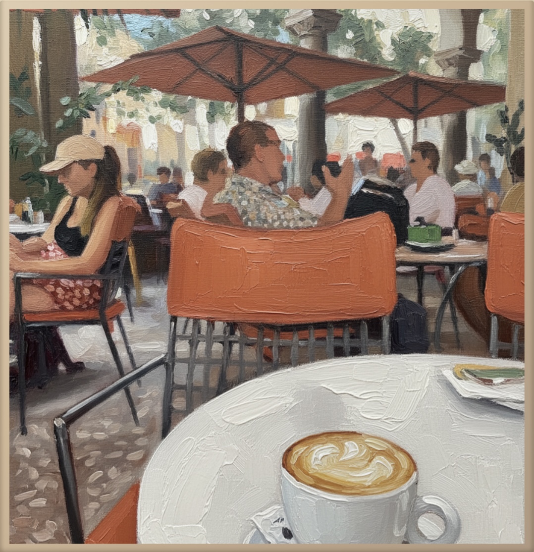 Oil Painting style artwork of a cappuccino on a café terrace with orange parasols