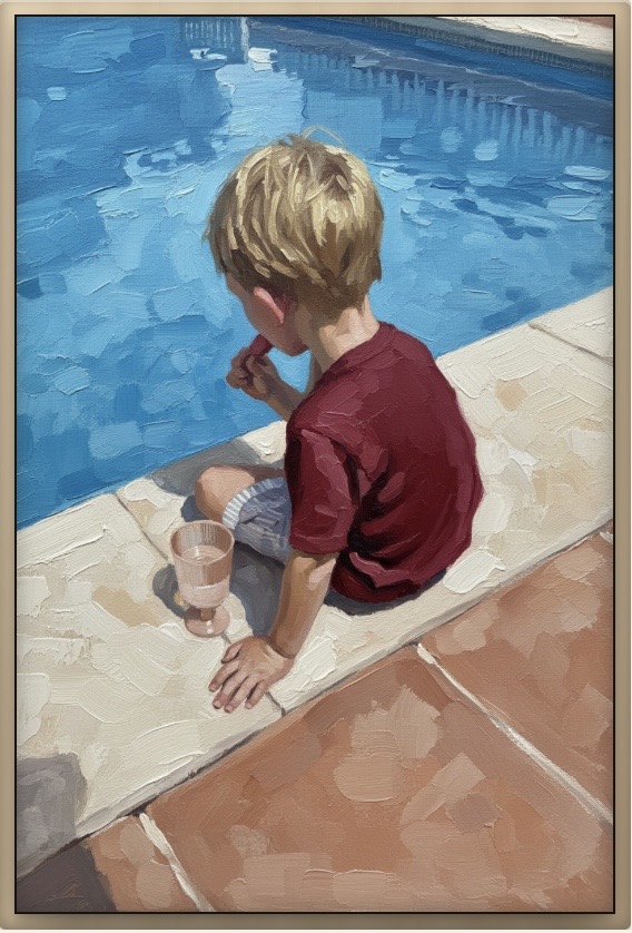 Oil Painting style artwork of a boy sitting at the edge of a swimming pool