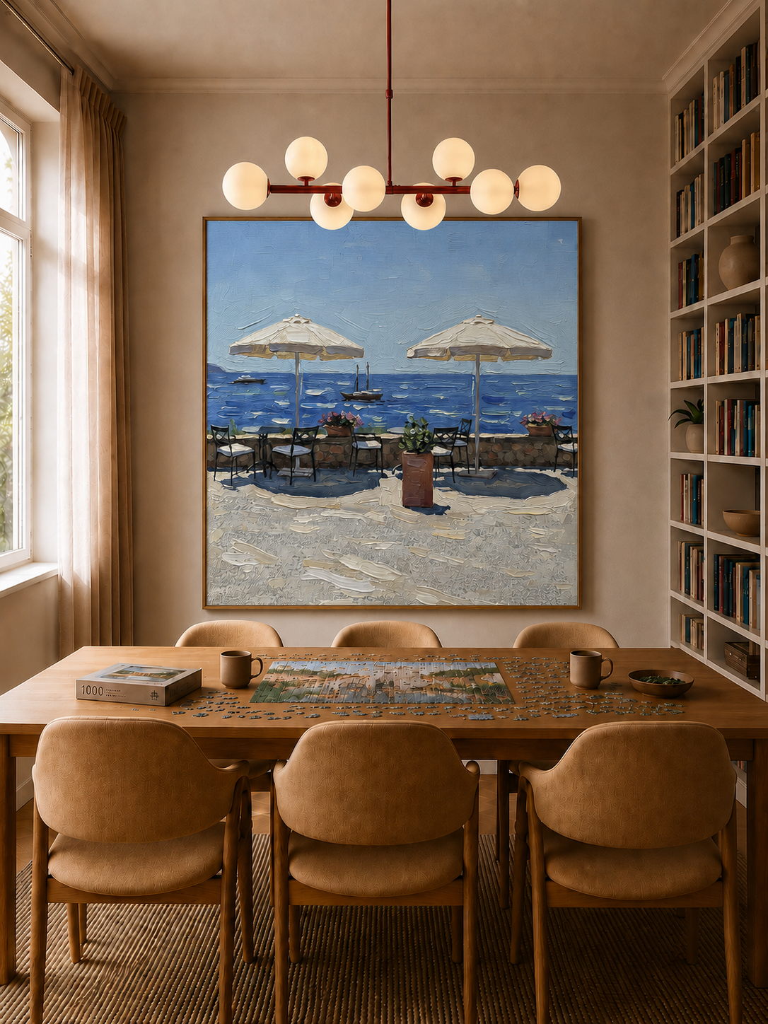 Large seaside parasol artwork above a dining table