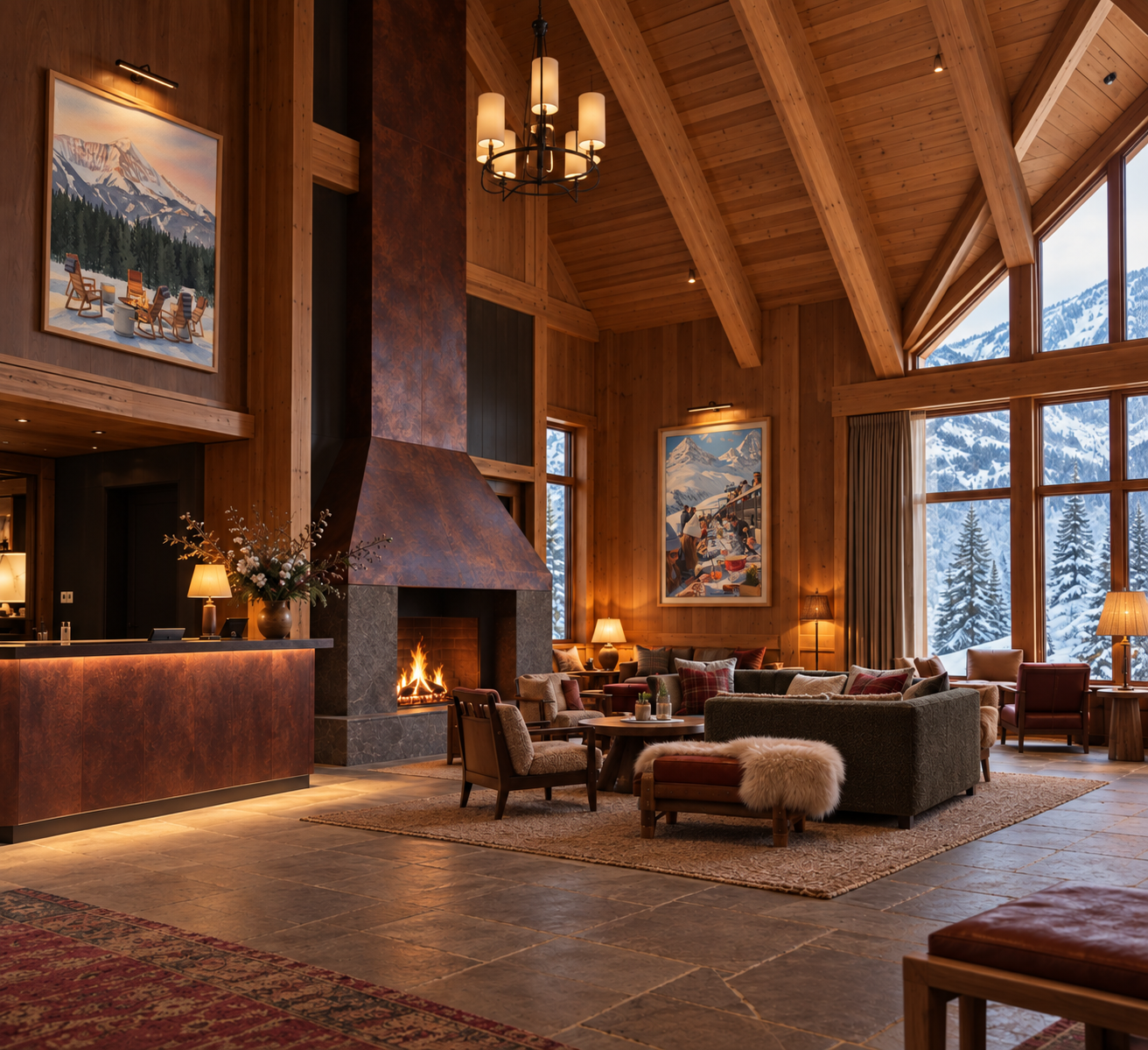 Mountain lodge lounge with paintings of alpine scenes by the fireplace