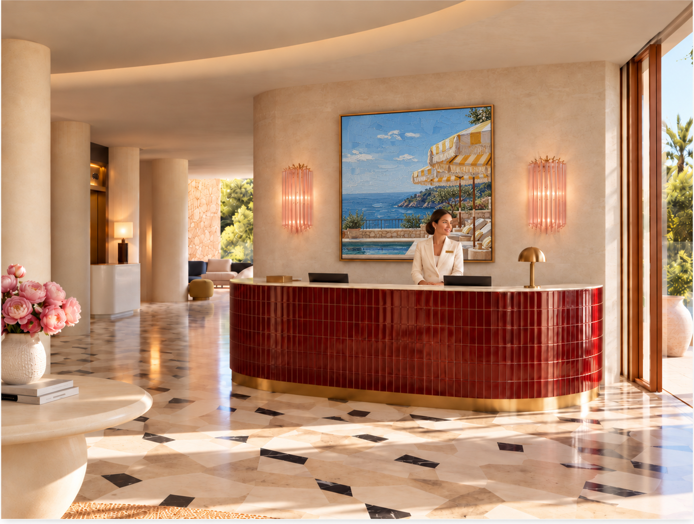 Hotel reception with a painting of striped parasols above the sea behind the desk