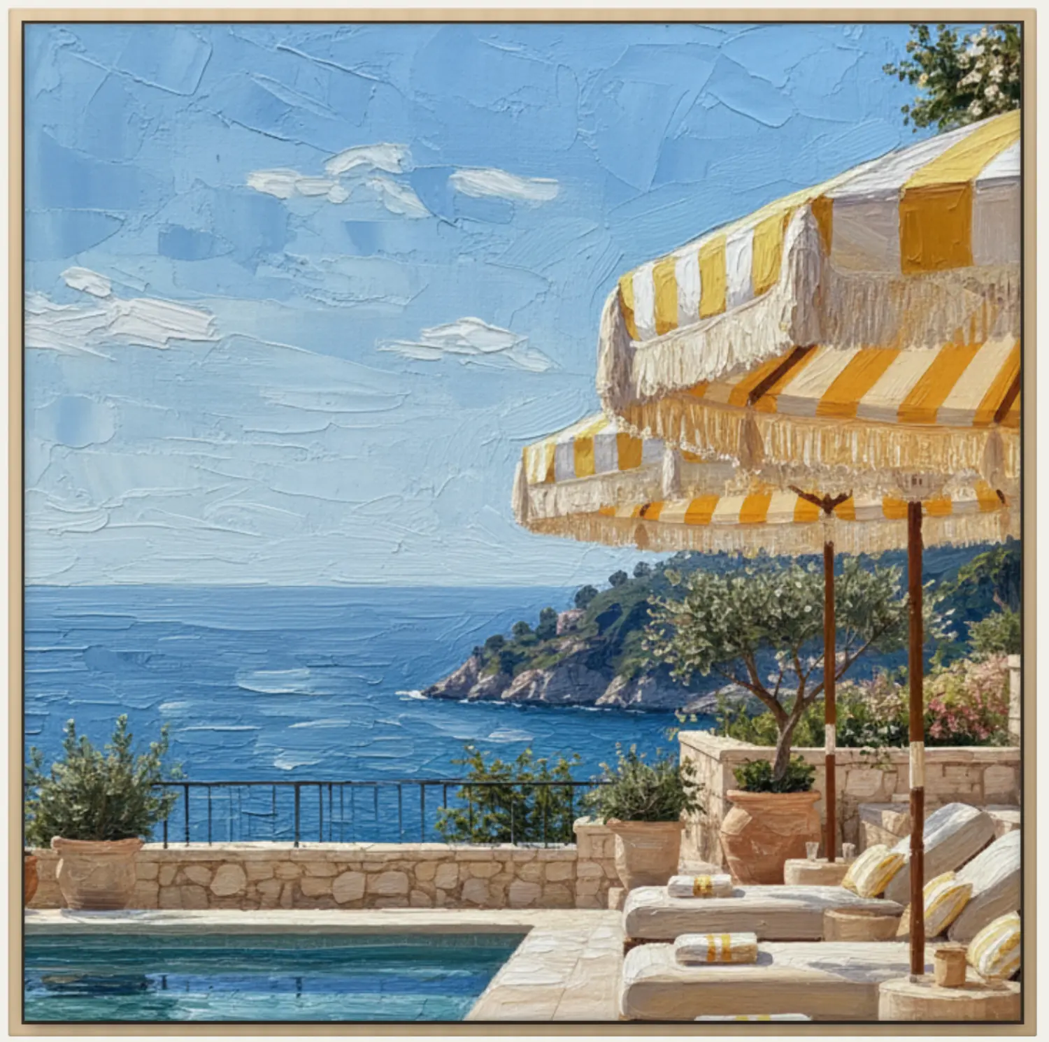 Framed painting of striped parasols on a terrace above the sea