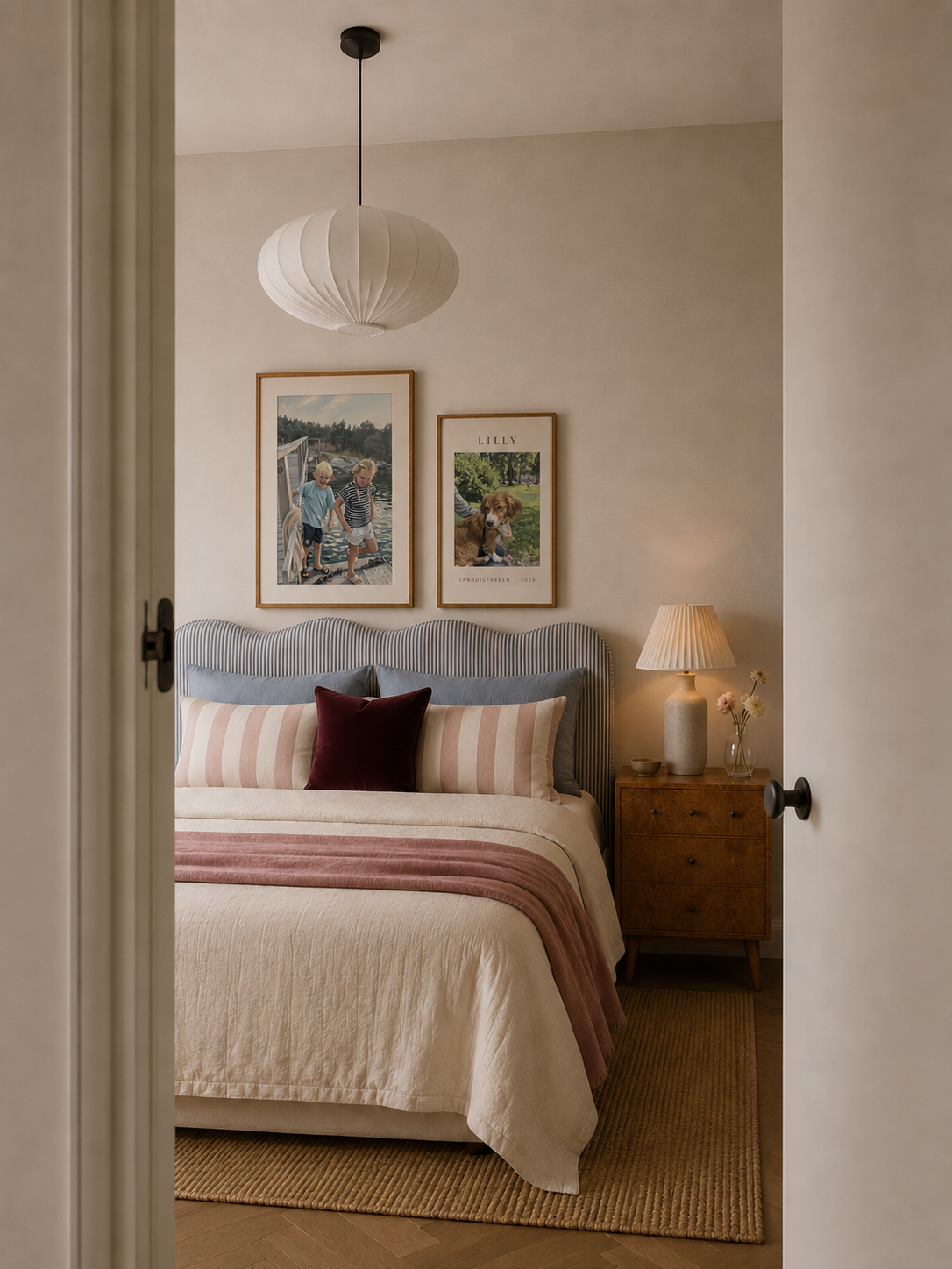 Two framed prints above a striped headboard in a soft-toned bedroom