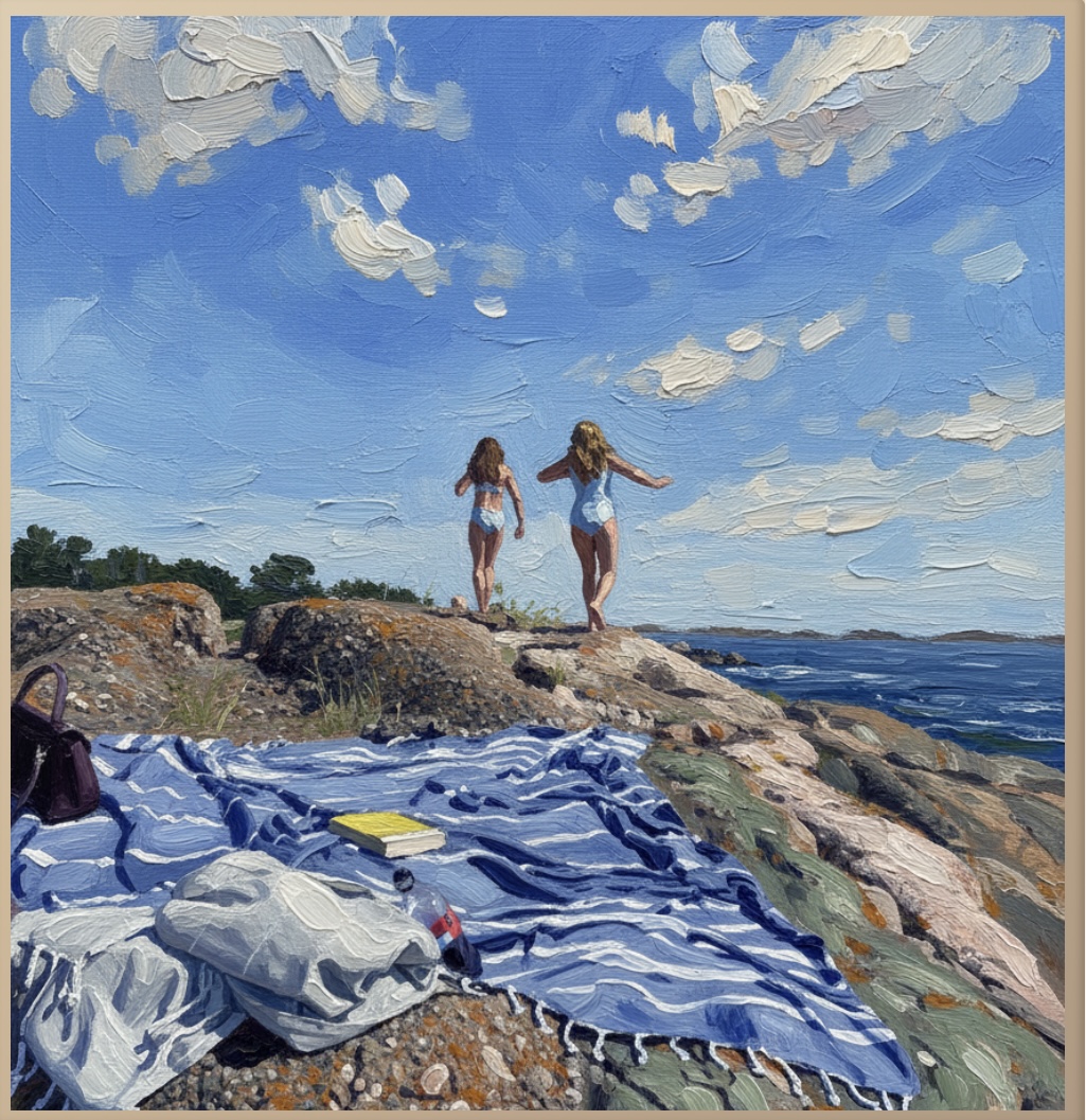 Oil Painting style artwork of two girls walking towards the sea from a striped beach blanket