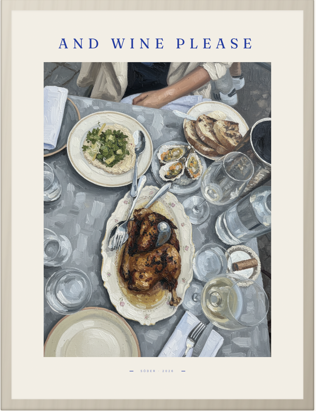 Framed poster of an Oil Painting style artwork of a dinner table with roast chicken