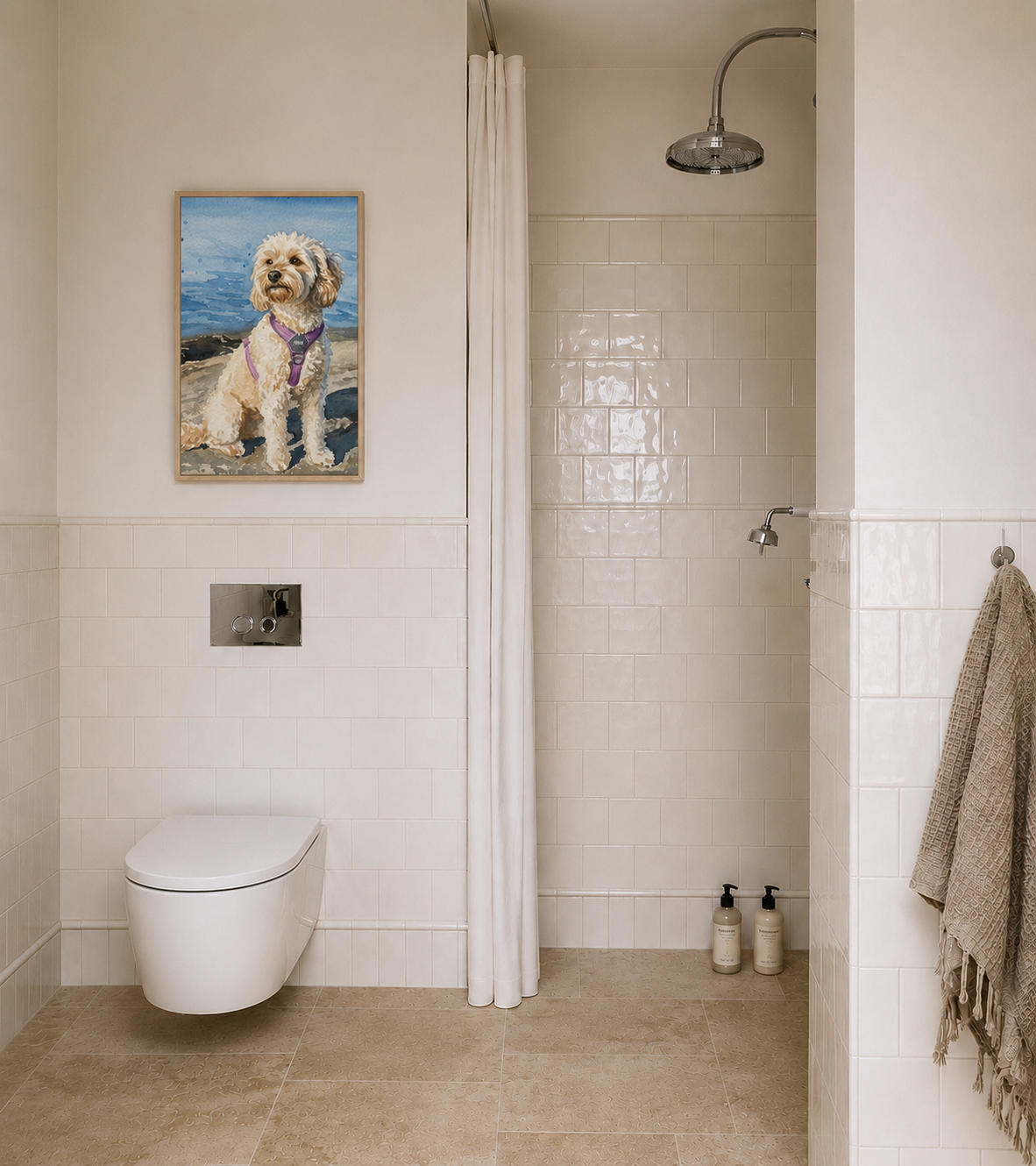 Framed Watercolour artwork of a cockapoo by the sea hanging in a tiled bathroom