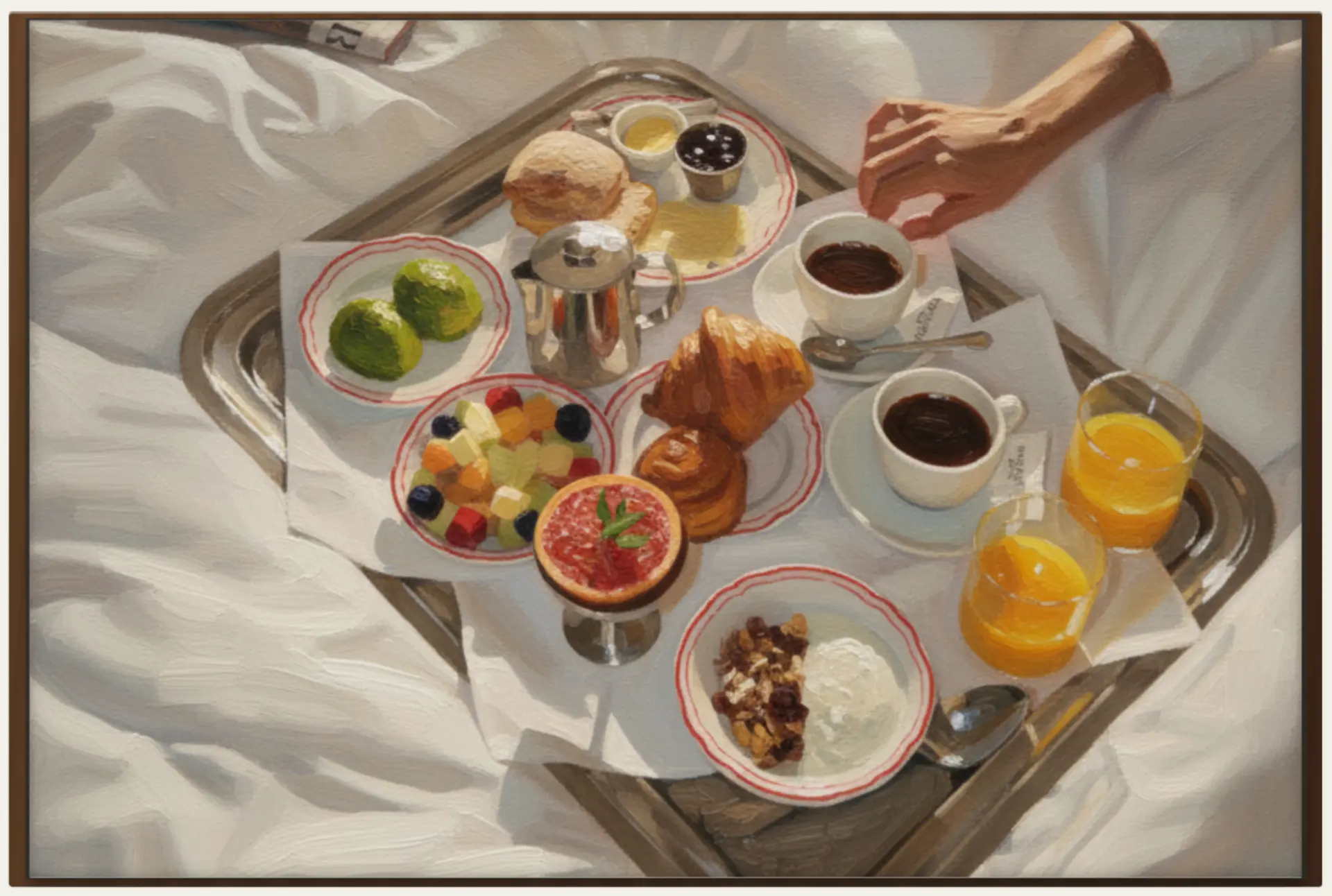 Standalone framed painting of a breakfast tray on white bed linen
