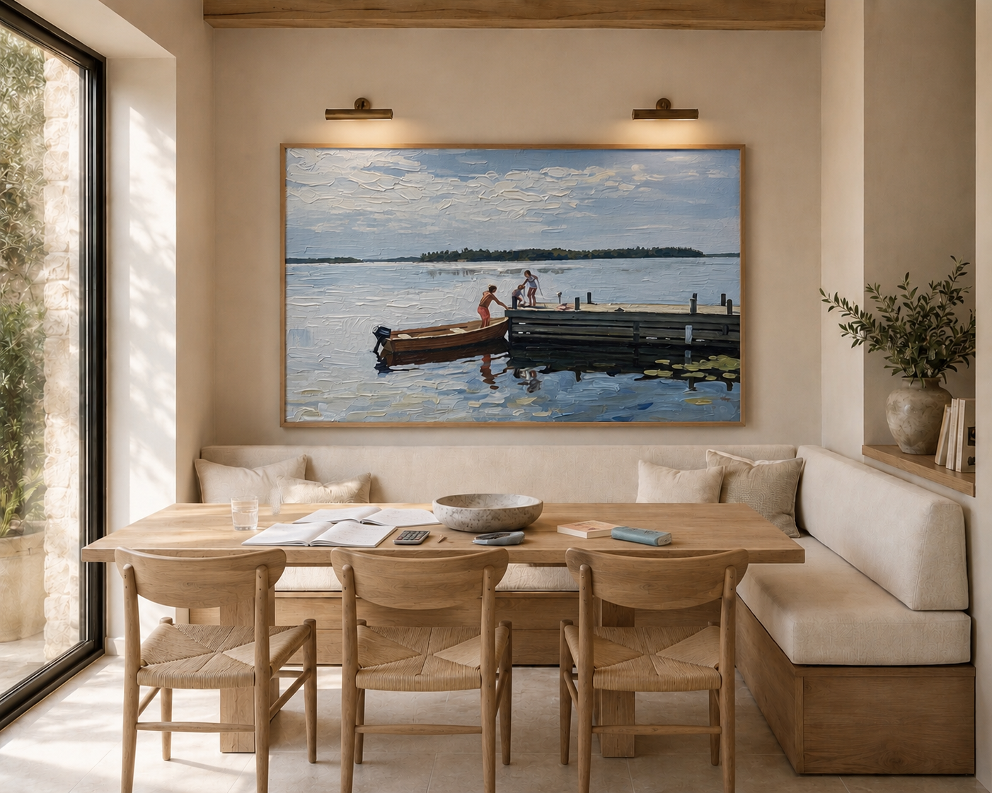 Wide Oil Painting style artwork of children on a jetty above a dining banquette