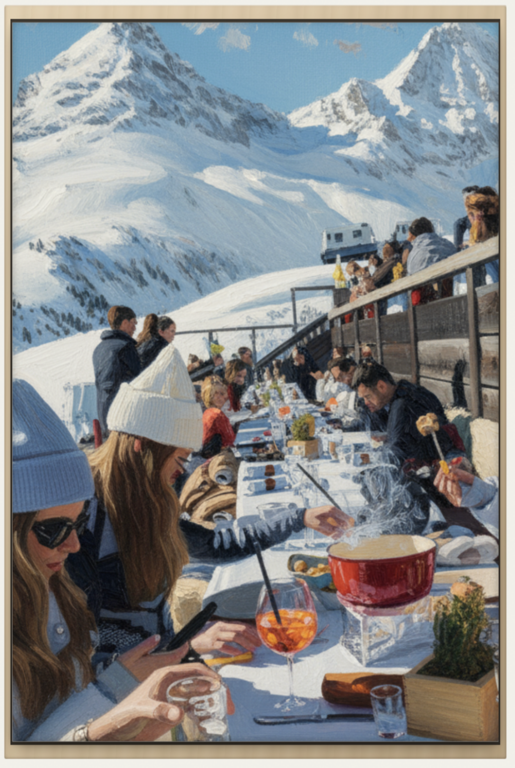Framed painting of guests dining on an aprรจs-ski terrace in the mountains