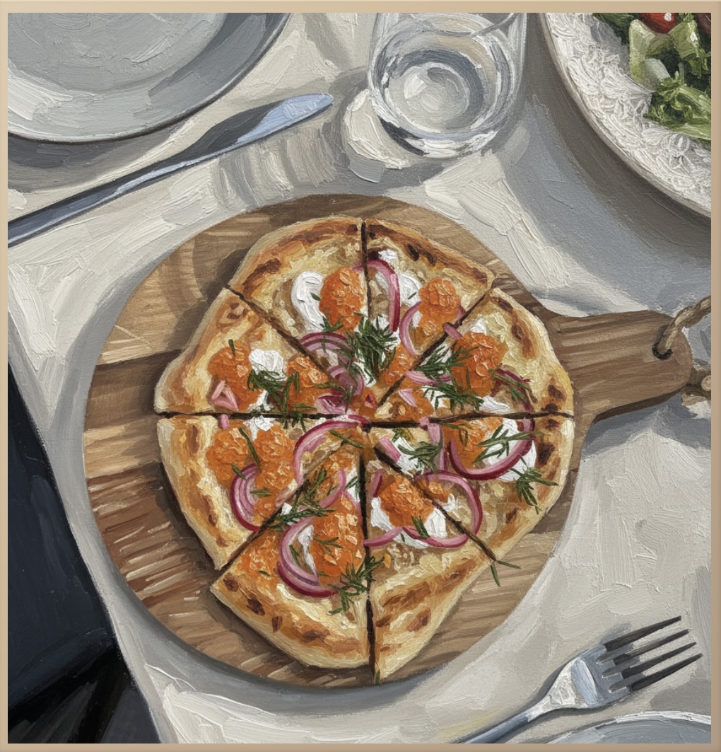 Oil Painting style artwork of a roe and red onion pizza on a wooden board