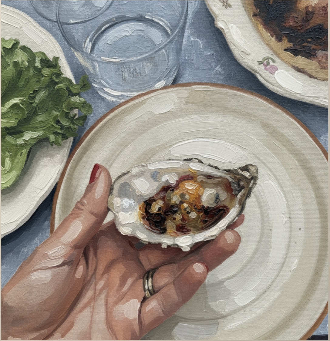 Oil Painting style artwork of a hand holding an oyster above a plate