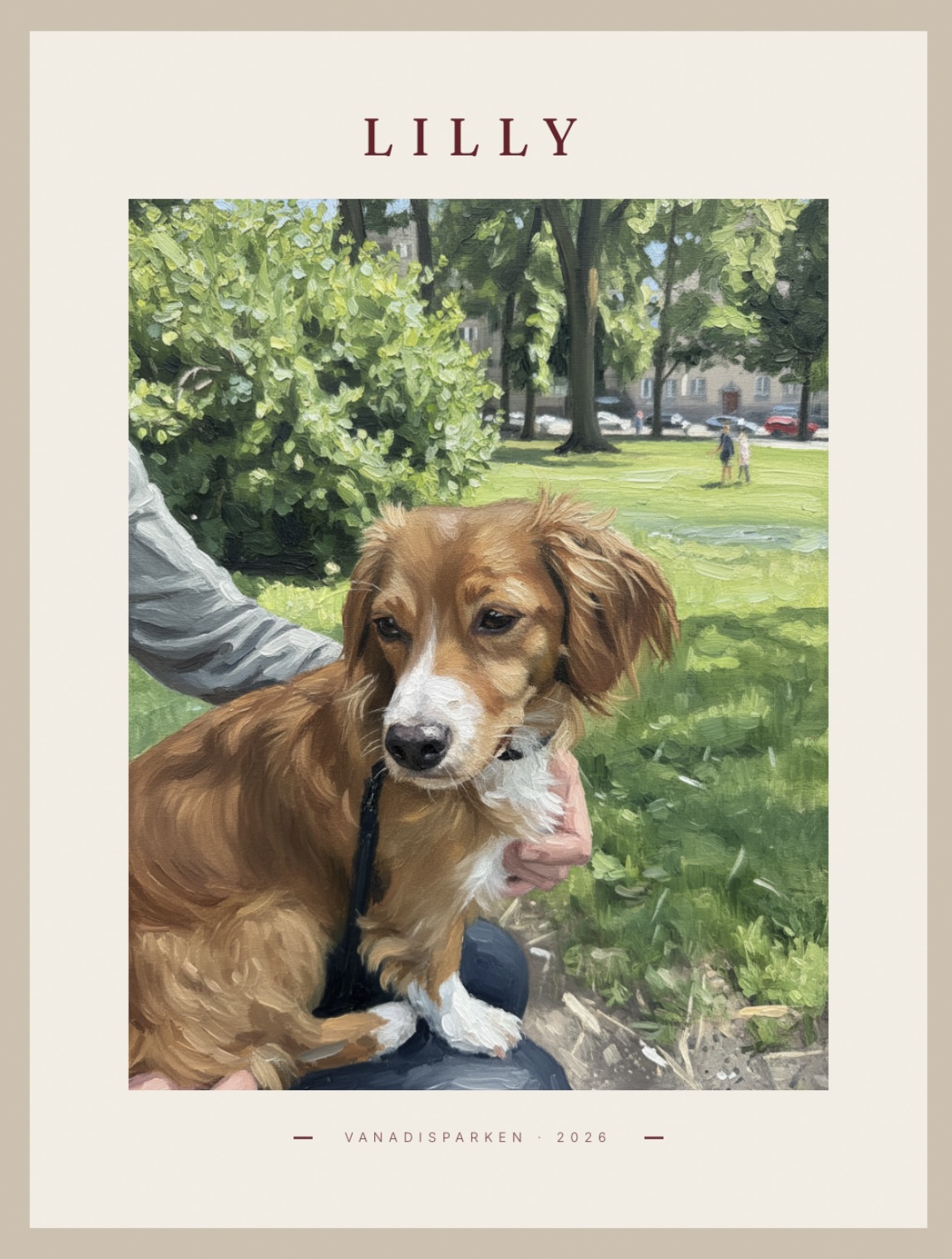 Poster of an Oil Painting style artwork of a spaniel in a green summer park