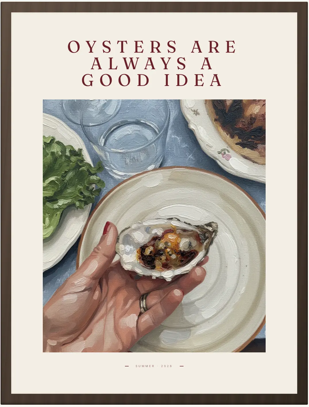 Oil Painting style poster of a hand holding an oyster over a plate