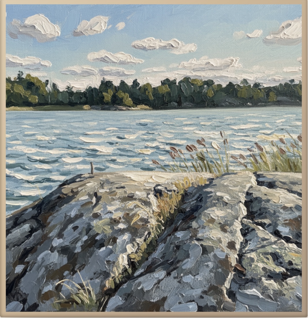 Oil Painting style artwork of archipelago rocks and reeds by open water