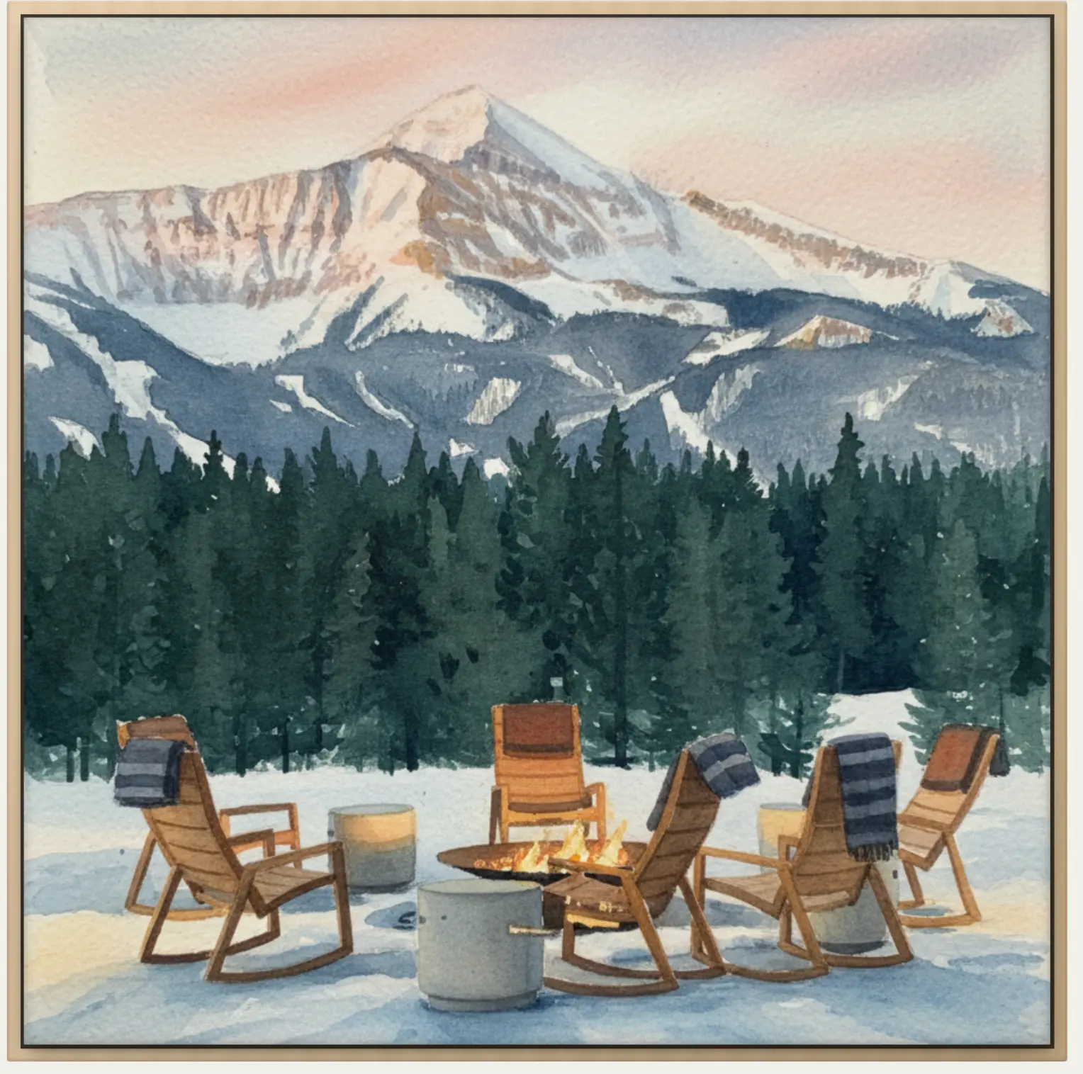 Framed watercolour of wooden chairs gathered around an open fire beneath snowy mountains