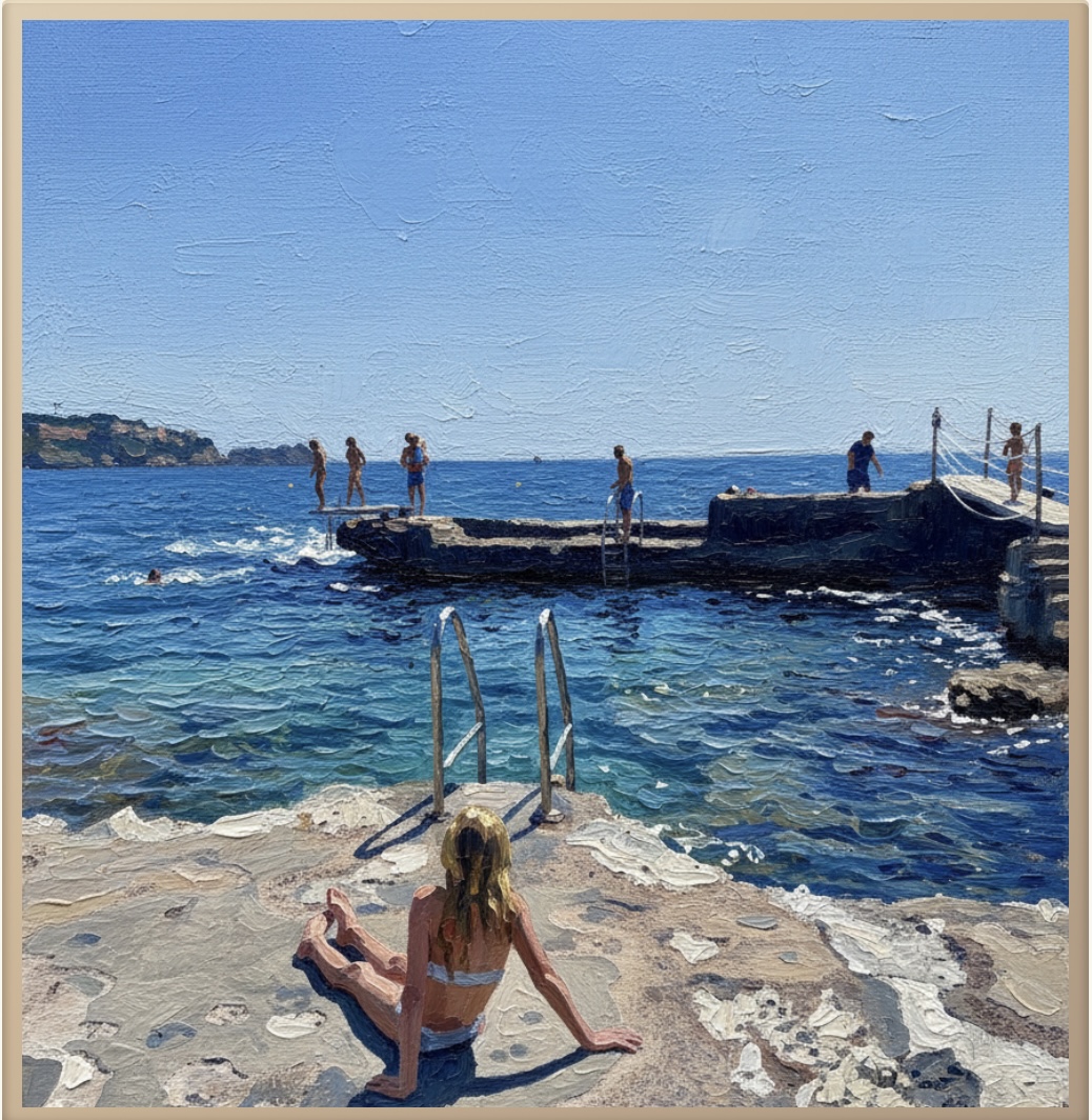 Oil Painting style artwork of a girl sitting on rocks at a sea swimming jetty