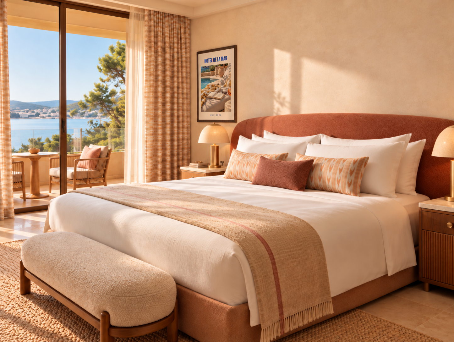Guest room with a framed Hotel de la Mar poster above the bedside