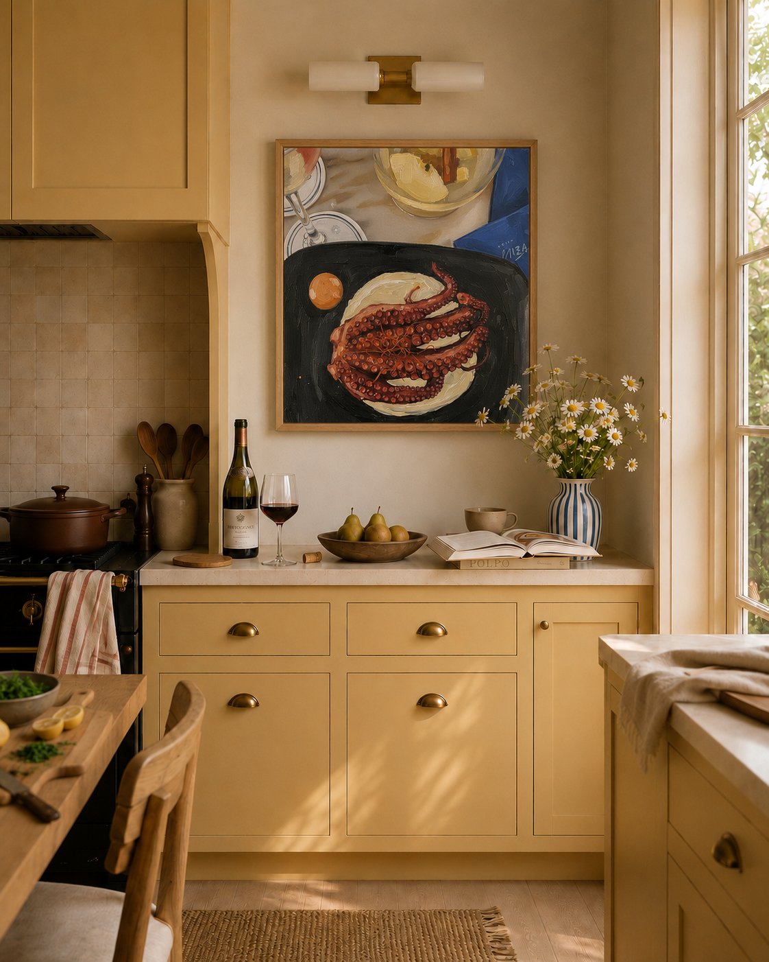 Oil Painting style artwork of an octopus dish hanging in a yellow kitchen
