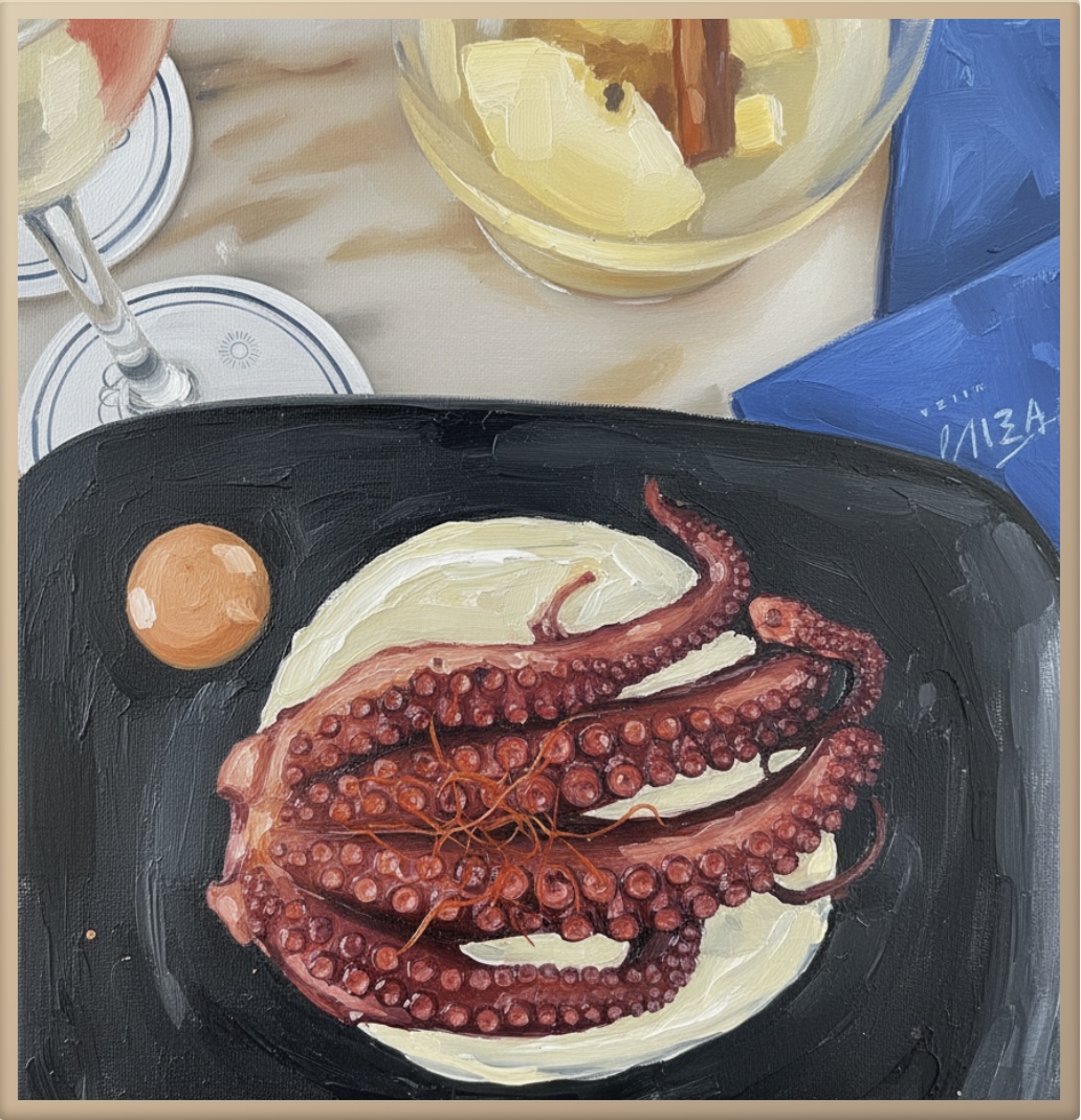 Oil Painting style artwork of an octopus dish on a black plate